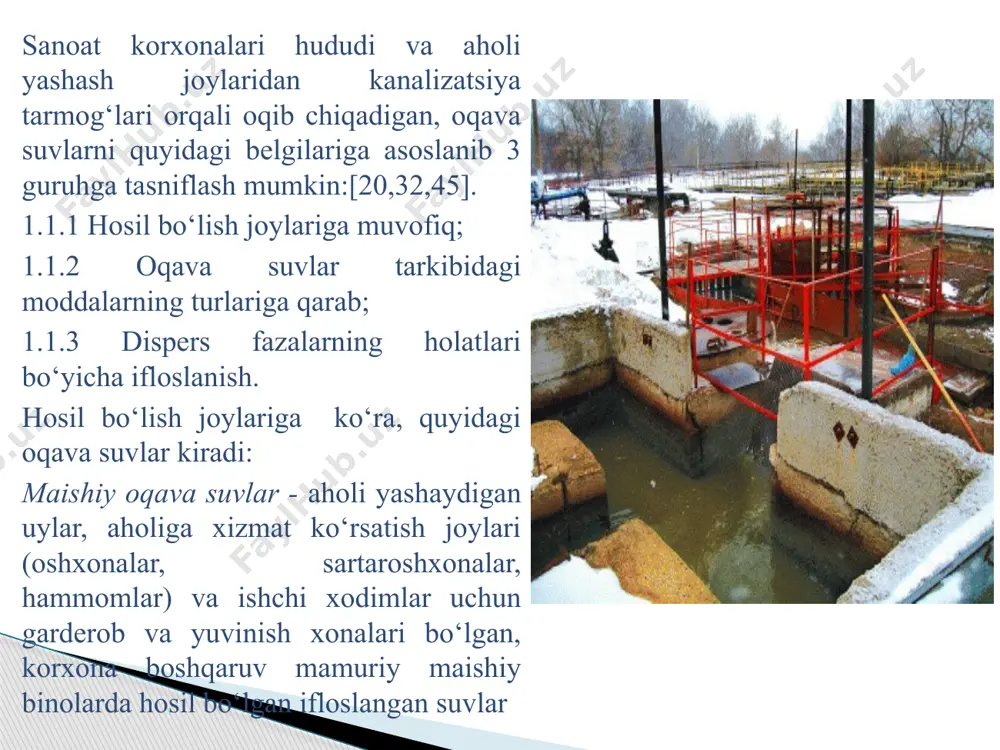 da cho`kkan moy va yog`lar ajratiladi), so`ng cho`kmani yig`ish ko`pikni ajratishga mos qurilma bilan ta‘minlangan silindr tuzilishli birlamchi cho`ktirgichga kelib tushadi. birlamchi cho`ktirish qurilmasida cho`kma avtoklavga qayta ishlash uchun beriladi. biologik tozalashda filtr va aerotenkadan foydalaniladi. bakterial tozalash fil‘tr diametri 40 m ga teng, bosimni yo`qotish 250-300 mm. suv ustunini tashkil etadi. sprinkler (bosim ostida suv purkaladi) birikmasi qo`llaniladi, bu birikma past qarshilikka va kirishdagi bosim o`zgarishga sezgir emas. odatda bakterial fil‘tr o`tirindi (suv oqizib kelgan) xisoblanadi-bu filtr uchun ko`p miqdorli filtrlanayotgan modda zarur, bir filtrni unumdorligi 80% ga teng. ish unumdorligini oshirish uchun filtrlar to`plamidan yoki uyum retsirkulyatsiyadan foydalaniladi. bakterial tozalash tanki to`g`riburchakli yoki silindr tuzilishga ega bo`ladi. suv qatlami balandligi 3,5-7 m.ni tashkil etadi; havo ventilyator yordamida beriladi hamda diffuzor orqali taqsimlanadi yoki g`ovaksimon membrana orqali ham o`tkaziladi. havo sarfi avtomatik ravishda potentsiometr yordamida aralashma miqdoriga bog`liq holda boshqariladi. qayta ishlash vaqti odatda 1,5-3 soat. 4. oqava suvni …