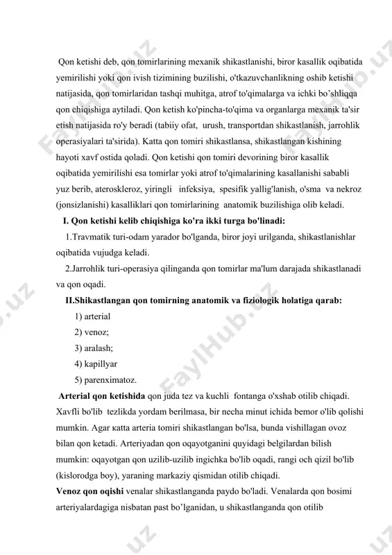 venoz qon oqishi venalar shikastlanganda paydo bo'ladi. venalarda qon bosimi arteriyalardagiga nisbatan past bo’lganidan, u shikastlanganda qon otilib chiqmasdan sekinroq, bir maromda va to'xtovsiz oqim bilan oqadi. bunda qon to’q olcha rangda bo'ladi. qon yaraning periferik qismidan oqib turadi. venadan qon oqishi arteriyadan qon oqishidan sekinroq o'tadi. shuning uchun kamdan-kam hollarda hayot uchun xavfli bo'ladi, biroq bo'yin va ko'krak qafasi venalari yaralanganda o'lim xavfi vujudga keladi. bo'yin va ko'krak qafasi venalarida nafas olish vaqtida manfiy bosim paydo bo'ladi va shunga ko'ra bu venalar yaralanganda chuqur nafas olish paytida ular ichiga havo kirishi mumkin, havo pufakchalari qon oqimi bilan yurakka kirib, yurak yoki qon tomirlarini bekitib qo’yishi-havo emboliyasi yuz berishi va tezda o'lim ro'y berishiga sabab bo'lishi mumkin. mayda vena qon tomirlari shikastlangan bo'lsa, qonning ivishi natijasida qon tomiri uchlarida tromb hosil bo'lib, oqayotgan qon o'z-o’zidan to'xtashi mumkin. aralash qon ketishi. arteriya va vena qon tomirlarining alohida shikastlanishi kam uchraydi, shuning …