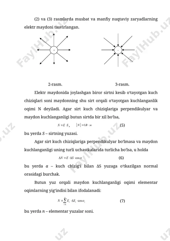 sferani yorib kirayotgan har bir kuch chizig‘i bu sirtni ham yorib kiradi. (12) formula har qanday yopiq sirt uchun o‘rinli ekan. agar yopiq sistema n – ta zaryadlardan tashkil topgan bo‘lsa, n zaryadlarni ixtiyoriy sirt o‘rab turgan bo‘ladi. bu sirt orqali kuchlanganlik oqimi zaryadlardan har birining hosil qilgan oqimlari yig‘indisiga teng bo‘ladi: (13) yoki (14) shunday qilib, elektr zaryadlarni o‘rab turgan ixtiyoriy yopiq, sirtni yorib o‘tuvchi kuchlanganlik oqimi o‘rab turilgan zaryadlarning algebraik yig‘indisiga teng. bu qoida ostrogradskiy-gauss teoremasi deyiladi. maydon potensiali φ: (15) bu yerda wn – sinov zaryadining potensial energiyasi; q0 – sinov zaryadi. nuqtaviy zaryad hosil qilgan maydonning biror nuqtasidagi potensiali quyidagiga teng bo‘ladi: (16) q0 zaryadni elektr maydon bir nuqtasidan ikkinchi nuqtasiga ko‘chirishda bajarilgan ish quyidagiga teng bo‘ladi: (17) bundan elektr maydonning ikki nuqtasi orasidagi potensiallar ayirmasi: (18) elektr maydonning kuchlanganligi bilan potensiallar ayirmasi orasidagi bog‘lanishni topish uchun q0 zaryadni bir jinsli elektr maydonda e kuchlanganlik yo‘nalishi …