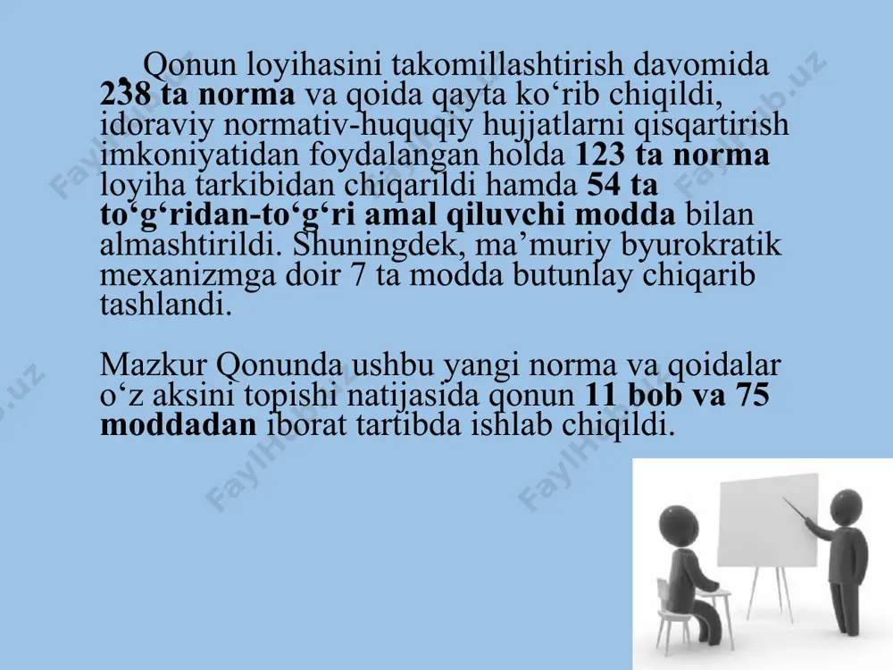 korsatish faoliyatini amalga oshirish huquqini beradigan litsenziya asosida faoliyat yurituvchi yuridik shaxs 4 ta’lim kampusi – yagona hududda birlashtirilgan o’quv binolarini, iti(markazlarni), i/ch majmualarini, texnoparklarni, t/t qatnashchilarini vaqtincha yashash joylarini, lab.,arm, sport inshootlarini, um.ovqatlanish ob’ektlar binolar va inshootlar majmuidan ib. yuqori samaradorlikni ta’minlaydigan t/t muhiti davlat akkreditatsiyasi, davlat ta’lim muassasasi, davlat ta’lim standartlari, davlat ta’lim talablari, 2-bob. 11-modda: oliy ta’lim o’qish davomiyligi kamida uch yil bo’lgan tayanch oliy ta’lim o’qish davomiyligi kamida bir yil bo’lgan tayanch oliy ta’lim magistratura bakalavriat 15-modda. ta’lim olish shakllari 1-2 ishlab chiqarishdan ajralgan holda ta’lim olish (kunduzgi); ishlab chiqarishdan ajralmagan holda ta’lim olish (sirtqi, kechki, masofaviy); dual ta’lim; oilada ta’lim olish va mustaqil ta’lim olish; 5-6 katta yoshdagilarni o‘qitish va ularga ta’lim berish; inklyuziv ta’lim; 3-4 7-8 eksternat tartibidagi ta’lim; mudofaa, xavfsizlik va huquqni muhofaza qilish faoliyati sohasida kadrlar tayyorlash. dual ta’lim nima? 2-bob. 17-modda:dual ta’lim dual ta’lim ta’lim oluvchilar tomonidan zarur bilim, malaka va …