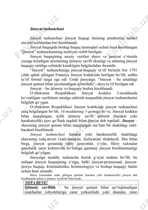 qilmish (harakat yoki harakatsizlik) jinoyat deb hisoblanishi uchun u ijtimoiy xavfli bo‘lishi kerak. nota bene! ijtimoiy xavflilik – bu jinoyat qonuni bilan qo‘riqlanadigan manfaatlar (obyektlar)ga zarar yetkazilishi yoki shunday zarar yetkazish xavfi hisoblanadi. demak, shaxs tomonidan sodir qilingan qilmish jinoyat deb hisoblanishi uchun u ijtimoiy xavflilik xususiyatiga ega bo‘lishi kerak, bunday qilmish quyidagi shakllarda namoyon bo‘ladi: 1. 1. harakat – bu faol xulq-atvor bo‘lib, nafaqat shaxs tana a’zolarining (jismoniy) harakatida ifodalanadi, u aytilgan so‘zlar, ruhiy, tahdidlar (qo‘rqitishlar)da ham namoyon bo‘lishi mumkin. 2. 2. harakatsizlik – passiv xulq-atvor bo‘lib, bajarilishi shart yoki mumkin bo‘lgan majburiyatni bajarishning real imkoni bo‘la turib bajarmaslikda ifodalanadi. 3. 3. aralash jinoyatlar – bu shunday jinoyatlarki, ular obyektiv tomondan harakat va harakatsizlik yig‘indisidan iborat bo‘ladi yoki boshqacha aytganda, harakat va harakatsizliklar natijasi hisoblanadi. bunday jinoyatlar ko‘pincha ma’lum bir qoidani buzish bilan bog‘liq bo‘ladi. masalan, jinoyat kodeksi 204-, 260-, 266- moddalarida javobgarlik belgilangan qilmishlar. harakat bilan sodir etilgan …