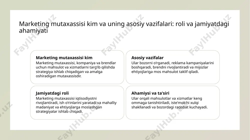 tlarga mos keladi. bu, ayniqsa, avlodlararo aloqalar va mahalliy jamoalarda muvaffaqiyat uchun muhimdir. raqamli va an'anaviy marketingning o'zbekiston bozorida o'zaro ta'siri va integratsiyasi 1 raqamli va an'anaviy usullar raqamli va an'anaviy marketing o'zbekiston bozorida birgalikda ishlatiladi, mijozlarga kengroq yetib borish va brendni mustahkamlash imkonini yaratadi. 2 integratsiya usullari digital va an'anaviy strategiyalarni birlashtirish, maxsus kampaniyalar va maqsadli reklama orqali mijozlar bilan uzoq muddatli aloqalarni rivojlantirishga yordam beradi. 3 ta'sir va imkoniyatlar bu ta'sirli birikma, yangi texnologiyalar yordamida an'anaviy usullarning ishonchliligini oshiradi, shuningdek, raqamli maydonda innovatsiyalarni joriy etadi. o'zbekiston bozorida marketing va brend qurishning o'ziga xos xususiyatlari: tarixiy va madaniy kontekst 1 tarixiy kontekst o'zbekistonning marketing va brend qurishdagi tarixi, savdo odatlari va madaniy qadriyatlar bilan chambarchas bog'liq bo'lib, an'anaviy usullarni hozirgi zamonaviy strategiyalar bilan uyg'unlashtiradi. 2 madaniy o'ziga xosliklar mahalliy madaniyat, diniy e'tiqodlar va urf-odatlar marketingda muhim rol o'ynaydi, shuningdek, brendlar milliy identifikatsiya va ishonchni mustahkamlashga yordam beradi. 3 rivojlanish …
