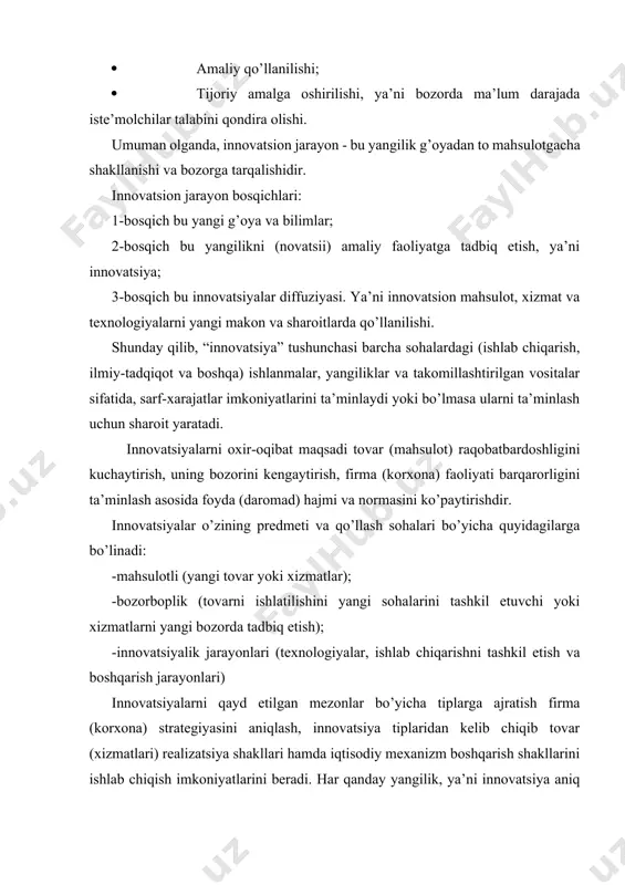 izmatlarni yangi bozorda tadbiq etish); -innovatsiyalik jarayonlari (texnologiyalar, ishlab chiqarishni tashkil etish va boshqarish jarayonlari) innovatsiyalarni qayd etilgan mezonlar bo’yicha tiplarga ajratish firma (korxona) strategiyasini aniqlash, innovatsiya tiplaridan kelib chiqib tovar (xizmatlari) realizatsiya shakllari hamda iqtisodiy mexanizm boshqarish shakllarini ishlab chiqish imkoniyatlarini beradi. har qanday yangilik, ya’ni innovatsiya aniq loyihalarda o’z ifodasini topadi, aniq maqsadlarga qaratiladi hamda chuqur hisob-kitoblar, tahlil va ekspertiza asosida bo’lajak natijalari istiqboli aniqlanadi. innovatsiya har qanday sohada yangilikni qo’llash bo’lib, uzluksiz jarayonni bildiradi, tizimli faoliyatni, aniq strategiyani amalga oshirishdan dalolat beradi. yangilikka intilish, yaratuvchanlik, kashfiyotlar va ular asosida qo’lga kiritiladigan ishlanmalar har qanday sohada resurs talab etadi. har qanday iqtisodning bosh bo’g’inini ishlab chiqarish tashkil etishi munosabati bilan, uni muntazam ravishda yuksaltirish, yangilanishni, ilg’or texnika va texnologiyalardan foydalanishni, progressiv boshqaruv usullarini qo’llashni, turli yo’nalishlarda samara keltiruvchi iqtisodiy-moliyaviy resurslarni, ya’ni investitsiyalarni kiritishni talab etadi. makroiqtisodiy darajada innovatsiyalarga qaratilgan investitsiyalar ijtimoiy-iqtisodiy tizimni takomillashtirishga qaratiladi va iqtisodiy taraqqiyotni umumiy …