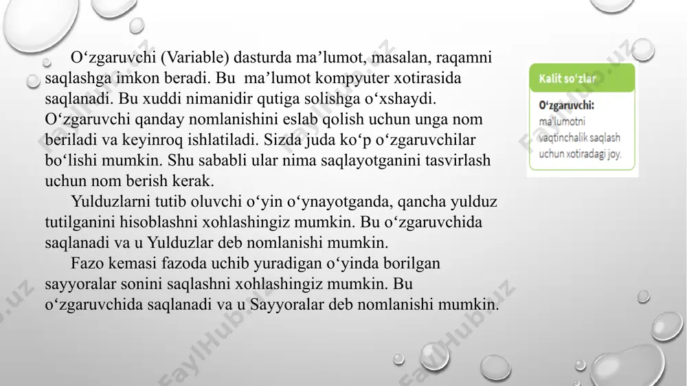 2 qoʻshilishini bildiradi. -5 esa qiymatni 5 taga kamaytiradi. oʻzgaruvchini belgilash ni bosish orqali oʻzgaruvchining qiymatini belgilash mumkin. oʻzgaruvchi boshlanadigan raqam katakka kiritiladi. oʻzgaruvchi qiymatni boshlashini belgilash uchun (masalan, dastur boshlansa, 0) when green flag clicked blokini, keyin set ochkolar to 0 blokini qoʻying. orqali oʻzgaruvchining qiymatini oʻzgartirish mumkin . oʻzgaruvchini oʻzgartirish qiymatni oʻzgartirish uchun istalgan raqamni kiritasiz, 1 degani 1 ga oshirishni bildiradi. 2 uni 2 ga oshiradi. -5 uni 5 ga kamaytiradi. bu misolda, pufak sprayti tanlansa, oʻzgaruvchi 1 ga oshadi. amaliy mashg’ulot image3.png image4.png image5.png image6.png image7.png image8.png image9.png image10.png image11.png image12.png image13.png image14.png image15.png image16.png image17.png image18.png image1.png /docprops/thumbnail.jpeg