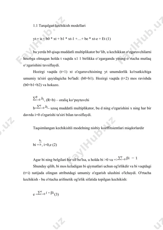 a+c0*z0+c1*z1+…+cr*zr+er (7) almon usulini qo'llash algoritmlari: 1) maksimal kechikish qiymatini aniqlash e 2) lag tuzilishini tavsiflovchi (r<e) ko‘phadning r darajasini aniqlash. 3) munosabatlar yordamida z0, z1,….,zr qiymatlarini hisoblang. 4) oddiy eng kichik kvadratlar yordamida chiziqli regressiya darajasi parametrlarini (7) aniqlash. (zi multikollinearlik uchun tekshirilishi kerak) (6) munosabatidan foydalanib, biz model parametrlarini hisoblaymiz. · maksimal kechikish qiymatini aniqlash uchun e foydalanishingiz mumkin: · natija va ortda qolgan qiymatlar o'rtasidagi munosabatlarning yaqinligini o'lchash; · har xil e uchun bir nechta regressiya darajalarini qurish va eng yaxshisini tanlash; · kechikish qiymati haqida apriori ma'lumot. r polinomining darajasini aniqlash uchun quyidagi tavsiyalardan foydalanishingiz mumkin: n-darajali polinom lag strukturasidagi ekstremallar sonidan bitta kattaroq bo'lishi kerak; agar kechikish strukturasi bo'yicha empirik ma'lumotlar bo'lmasa, u holda r polinomining darajasi tuzilgan darajalarni qiyosiy baholash orqali eng yaxshi model yordamida aniqlanadi. n ning turli qiymatlari uchun. amalda ular odatda 2-3 tartibli polinomlar bilan chegaralanadi. 3. koikok usuli aytaylik, ma'lum …