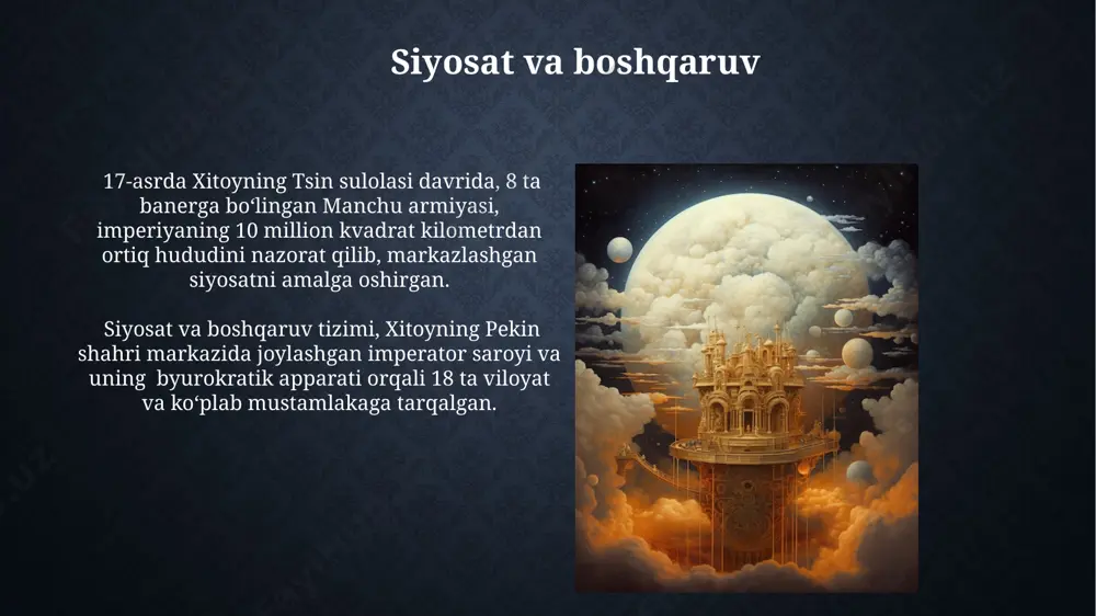 i tashkil qilib, boylik va qudratga ega boʻlishgan, pekin esa bu tizimning markazi edi. madaniyat va san'at хўжанд шаҳридаги 11-12 асрларга оид девор расмлари ва нақшлари ўзбек халқининг бой маданий меросини акс эттирувчи 300 га яқин намунани ўз ичига олади. xvi-xvii асрлардаги бухоро амирлигидаги мадрасалардаги каллиграфия санъати юксак даражада ривожланиб, 200 дан ортиқ турли шрифтлар яратилган. iqtisodiyot va qishloq xo'jaligi камбожа ва вьетнам каби давлатлардан хитойга 15-17 млн. дан ортиқ тонна гуруч импорт қилинган, бу мамлакатнинг озиқ-овқат хавфсизлигига таъсир кўрсатган. xvi-xvii асрларда хитойнинг бой дельта ҳудудларида 30 млн. гектардан ортиқ гуруч етиштирилган бўлиб, бу император даромадининг муҳим қисмини ташкил этган. e'tiboringiz uchun rahmat @taqdimot_robot image2.jpg image3.jpg image4.jpg image5.jpg image6.jpg image7.jpg image8.jpg image9.jpg image10.jpg image11.jpg image12.jpg image13.jpg image14.jpg image15.jpg image16.jpg image17.jpg image18.jpg