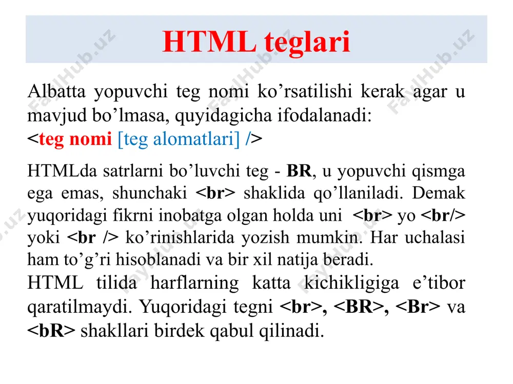 apda joylashgan bo’limlarni aside tegi ichida yozilishi kerak. web sahifaning asosiy, takrorlanmaydigan, urg’u beriladigan qismi main tegi ichida yozilishi lozim. ushbu teg bitta sahifa uchun yagona bo’lishi va mos ishorat bo’yicha o’ziga xos ma’lumotni ichiga olishi shart. sahifaning asosiy maqola chiqadigan qismi article tegida berilishi kerak. holat sarti, dasurlovchilarning mualliflik huquqi, sayt qachon tashkil topgani va shunga o’xshash ma’lumotlar footer tegi da joylanishi talab etiladi. boshqa zarur bo’ladigan bo’laklarning teglari section yordamida ajratilishi kerak. sahifaning asosiy qismi matnlarni joylashtirishda bir muxim narsaga e’tibor qaratishimiz kerak. barcha teglar, xususan matnga shakl beruvchi va uning qanday akslanishini aniqlovchilar ham, ikki toifaga bo’linadi: blokli va satrli teglar. blokli teglar shunisi bilan farqlanadiki, ular o’zi joylashgan element maydonining barcha kengligini egallaydi, balandligi esa ichidagi ob’ektdarga bog’lik ravishda aniqlanadi, shu bilan birga doim yangi qatordan boshdanadi. shuning uchun matnning davomidan ulanuvchi satrni blokli teglarga olinmaydi. image1.png image2.png image3.png /docprops/thumbnail.jpeg