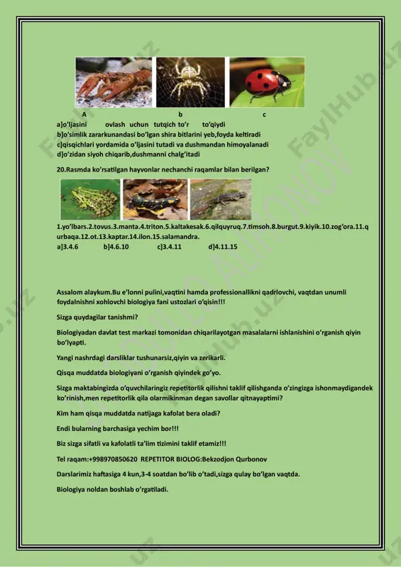 ashrdagi darsliklar tushunarsiz,qiyin va zerikarli. qisqa muddatda biologiyani o’rganish qiyindek go’yo. sizga maktabingizda o’quvchilaringiz repetitorlik qilishni taklif qilishganda o’zingizga ishonmaydigandek ko’rinish,men repetitorlik qila olarmikinman degan savollar qitnayaptimi? kim ham qisqa muddatda natijaga kafolat bera oladi? endi bularning barchasiga yechim bor!!! biz sizga sifatli va kafolatli ta’lim tizimini taklif etamiz!!! tel raqam:+998970850620 repetitor biolog:bekzodjon qurbonov darslarimiz haftasiga 4 kun,3-4 soatdan bo’lib o’tadi,sizga qulay bo’lgan vaqtda. biologiya noldan boshlab o’rgatiladi. bizda biologiyaning yangi darsliklari bo’uicha mavzulashtirilgan testlar mavjud sotuvda.kerak bo’lsa murojaat qilishingiz mumkin.