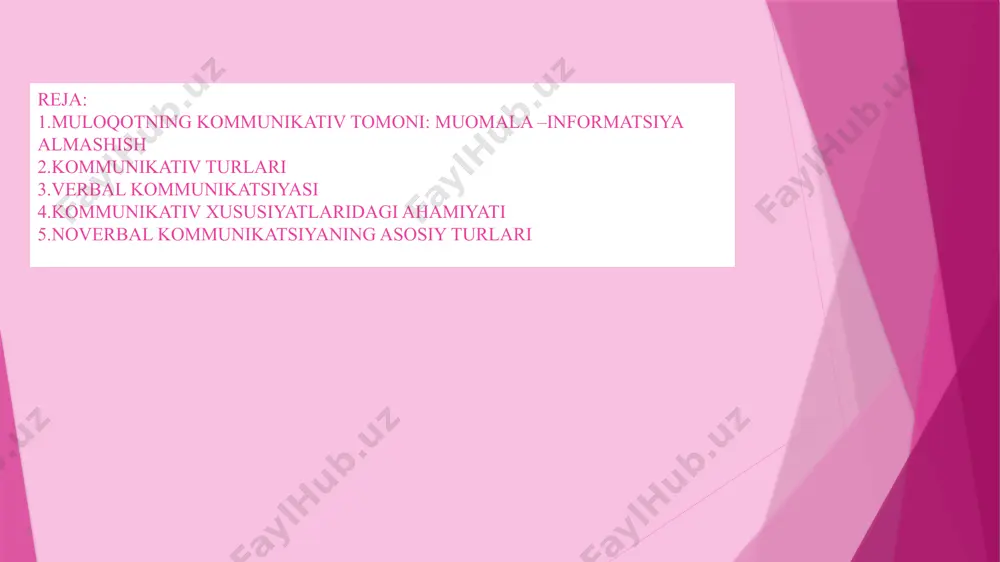 qiladilar.ya’ni o’zidagi bilimlar ,tasavvurlar ,hislatlar orqali boshqa birovni tushunishga harakat qilish,o’zini birov bilan solishtirish identifikatsiyadir. refleksiya muloqot jarayonida suhbatdoshning pozitsiyasidan turib o’zini tasavvur qilishdir.ya’ni refleksiya boshqa odamning idrokiga taalluqli bo’lib o’ziga birovning ko’zi bilan qarashga intilishdir.chunki busiz odam muloqot jarayonida o’zini aniq bilmasligi ,noto’g’ri muloqot formalarini tanlashi mumkin. stereotipizatsiya –odamlar ongida muloqot mobaynida ,shakllanib ,o’rnashib qolgan ,ko’nikib qolingan obrazlardan shablon sifatida foydalanish hollaridir. ijtimoiy stereotiplar –har bir shaxsda u yoki bu guruhli kishilar haqida shakllangan obrazlardir. muloqotning psixologik jihatdan murakkab ekanligi haqida b.parigin shunday deydi:”muloqot shunchalik ,ko’p qirrali jarayonki, unga bir vaqtning o’zida quyidagilar kiradi: a) individlarning o’zaro ta’sir jarayoni b)individlar o’rtasidagi axborot almashinuvi jarayoni v)bir shaxsning boshqa shaxsga munosabati jarayoni g)1kishining boshqalarga ta’sir ko’rsatish jarayoni d) bir-birlariga hamdardlik bildirish imkoniyati g) shaxslarning bir-birlarini tushunishi jarayoni muloqot til vositasi bilan-verbal yoki tilning ishtirokisiz –noverbal amalga oshrilishi mumkin. verbal aloqa –og’zaki aloqa va verbal asos haqida fikr bildirib, og’zaki dalillarni bildiradi. …