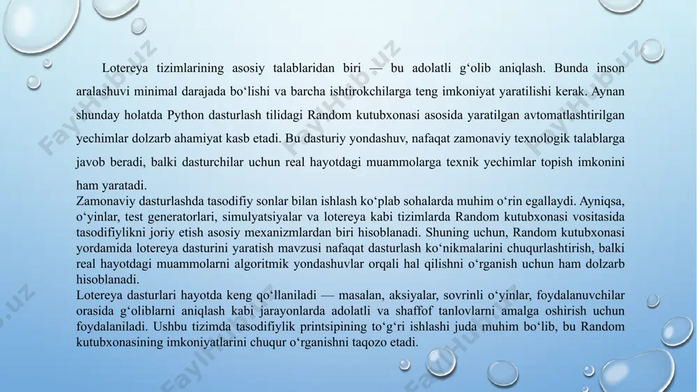 . nofunksional talablar: quvvatli ishlash (performance). xavfsizlik (foydalanuvchi ma’lumotlarini himoyalash). qulay interfeys (agar grafik interfeys bo’lsa). texnologiyalar tanlovi dasturlash tili: python, java, c#, yoki javascript (node.js) – talab va tanlovga qarab. ma’lumotlar bazasi (ixtiyoriy): sqlite, mysql, yoki faylga yozish. gui uchun (ixtiyoriy): tkinter (python), javafx, yoki web dastur bo’lsa html/css + js. dastur algoritmi (asosiy mantiq) 1. foydalanuvchi chipta sotib oladi (raqamlar tanlaydi yoki avtomatik). 2. tizim tasodifiy raqamlar to’plamini generatsiya qiladi. 3. foydalanuvchi raqamlari tizim raqamlari bilan solishtiriladi. 4. mos kelish darajasiga qarab yutuq belgilanadi. import random def lotereya_raqamlari(): return sorted(random.sample(range(1, 50), 6)) def foydalanuvchi_raqamlari_olish(): raqamlar = [] while len(raqamlar) < 6: try: raqam = int(input(f"{len(raqamlar)+1}-raqamni kiriting (1-49): ")) if raqam in raqamlar or not (1 <= raqam <= 49): print("xato. qayta urinib ko‘ring.") else: raqamlar.append(raqam) except valueerror: print("xato: iltimos, butun son kiriting.") return sorted(raqamlar) def solishtir(foydalanuvchi, tizim): umumiy = set(foydalanuvchi) & set(tizim) return len(umumiy), umumiy if __name__ == …