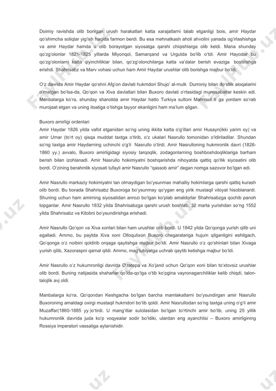 necha marta yurish qilishga majbur bo‘ldi. karmanadan so‘ng itoat etmay qo‘ygan shahrisabz va xo‘jandga qilingan yurishlar muvaffaqiyat bilan yakunlandi. mamlakatda amalga oshirilgan islohotlar va muvaffaqiyatli harbiy harakatlar natijasida ancha mustahkamlanib olgan shohmurod qo‘shni afg‘onistonga ham harbiy yurishlar uyushtiradi. xususan, shohmurod amudaryoning o‘ng qirg‘og‘idagi ilgarigi buxoro yerlarini qaytarib olish uchun afg‘on amiri temurshohga qarshi urushlar olib boradi. bu urushlardan so‘ng shohmurod va timurshoh o‘rtasida sulh tuzilib, amudaryo har ikkala davlat o‘rtasidagi chegara deb belgilandi. amir shohmurod 1800 yilda vafot etganidan so‘ng uning o‘g‘li amir haydar (1800-1876 yy.) valiahd sifatida taxtga o‘tirdi. otasi davrida qarshining hokimi bo‘lgan amir haydar oq kigizga o‘tqaizilib xon etib ko‘tariladi. ammo, haydar xon unvonini emas, balki “amir al-mo‘minin” unvonini oldi. manbalarga ko‘ra, xutba amir haydar nomiga o‘qilgan bo‘lsa-da, tangalar amir haydar, amir shohmurod va doniyolbiy nomlaridan zarb etilgan. buxoro ordeni otasining siyosatini davom ettirishga harakat qilgan amir haydar o‘z hukmronligining dastlabki yillarida buxoro hududining butunligini saqlash, zarafshonning …