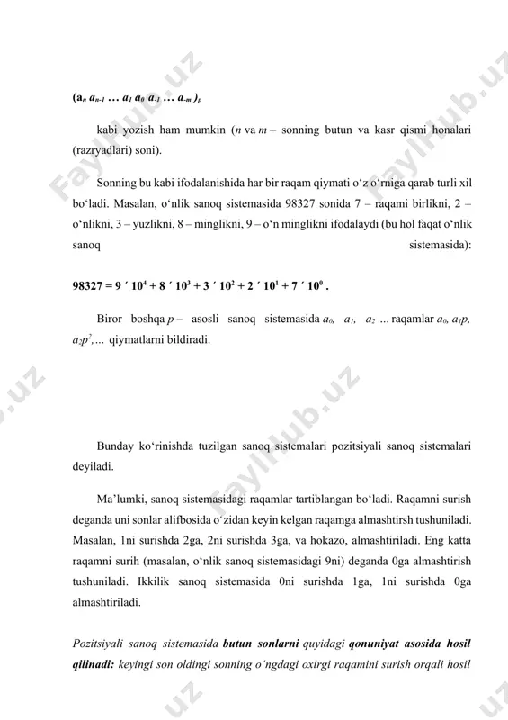 sistemada maxsus belgilar to‘plami kiritilgan bo‘lib, ixtiyoriy son shu belgilar ketma-ketligidan iborat bo‘ladi. rim sanoq sistemasida bir (1) besh (5) o‘n (10) ellik (50) yuz (100) besh yuz (500) ming (1000) – – – – – – – i belgi bilan; v belgi bilan; x belgi bilan; l belgi bilan; c belgi bilan; d belgi bilan; m bilan belgilanadi. bu belgilar va ularning kombinatsiyasi yordamida turli sonlarni hosil qilinadi. masalan, 1 dan 3 gacha - i, ii, iii kabi, to‘rt (4) – iv , 5 – v tarzida ifodalanadi. bu yerda 4 sonini yozish uchun 5 sonidan 1 sonini ayirib yoziladi, ya’ni i belgi v dan oldinga qo‘yilsa ayirish ma’nosini, agar keyinga qo‘yilsa qo‘shishni anglatadi. umumiy holda: 6 – vi, 7 – vii, 400 – cd, 600 – dc ko‘rinishda ifodalanadi. rim sanoq sistemasida yozilgan sonlarni o‘nlik sanoq sistemasiga quyidagicha o‘tkazish mumkin: vi v i 5 + 1 = 6 …