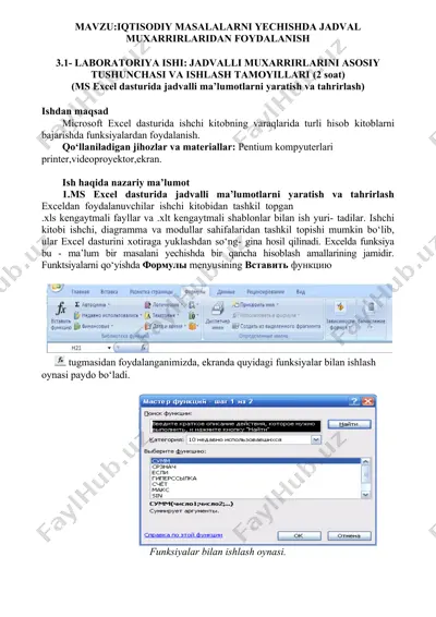 microsoft excel dasturida jadvalli ma’lumotlarni yaratish va tahrirlash — DOCX