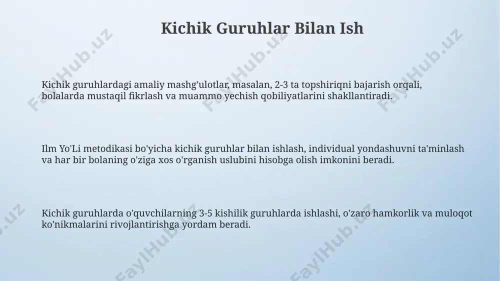 jismoniy rivojlanishiga 3 asosiy yo'nalishda yordam beradi. ilm yo'li yordamida bolalarning lug'at boyligi 20% ga, o'qish va yozish ko'nikmalari esa 15% ga oshishi kuzatiladi, bu esa maktabga tayyorgarlik darajasini sezilarli darajada oshiradi. dasturda 10 dan ortiq interaktiv o'yinlar va amaliy mashqlar mavjud bo'lib, bolaning mustaqil fikrlash qobiliyatini va muammolarni hal qilish ko'nikmalarini rivojlantiradi. ilm yo'li dasturining asosi dasturda 10 ta asosiy fan o'qitilishi bilan birga, ijodkorlikni rivojlantirishga qaratilgan 5 ta qo'shimcha fan ham mavjud bo'lib, bolaning barcha qobiliyatlarini ochib beradi. ilm yo'li dasturi 5-7 yoshdagi bolalar uchun mo'ljallangan bo'lib, ularning kognitiv, ijtimoiy-emotsional va jismoniy rivojlanishini 3 asosiy yo'nalishda qo'llab-quvvatlaydi. ilm yo'li o'quv dasturi, o'qituvchilar uchun 20 dan ortiq amaliy qo'llanma va 50 dan ziyod o'yinli mashqlarni o'z ichiga oladi, bu esa ta'lim jarayonini yanada samarali qiladi. mantiqiy fikrlashni rivojlantirish mantiqiy fikrlashni rivojlantirishda, ilm yo'li o'quv dasturi geometrik shakllar, ranglar va sonlar bilan bog'liq 10 dan ortiq o'yinlarni o'z ichiga oladi, …