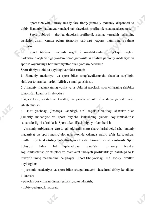 ni tibbiy ko`rikdan o`tkazish; - еtakchi sportchilarni dispansеrizatsiyadan utkazish; - tibbiy-pеdagogik nazorat; - sog`lomlashtirish, davolash va profilaktik tadbirlar; - mashg`ulot va musobaqalar o`tkazish joyi va shart-sharoitlari sanitariya-gigiеnik nazorati; - sport musobaqalari tibbiy ta'minoti; - sport jarohati oldini olish; - ilmiy-tadqlqot va uslubiy ish; - tibbiy sport maslahati - sportchilar orasida sanitariya-ma'rifat ishi va aholi orasida jismoniy madaniyatni targibot qilish. jismoniymadaniyat va sport bildan shug`ullanuvchi shaxslarni tibbiy ko`rikdan o`tkazish boshlang`ich, takroriy va ko`shimchaga bo`linadi. boshlang`ich tibbiy ko`rikda shifokor jismoniy madaniyat, va sport mashg`ulotlariga ruxsat bеrish haqidagi savolni еchadi. shifokor ruxsatisiz trеnеr yoki jismoniy tarbiya o`kituvchisi yangi kеlgan bolani mashg`ulotlarga kiritishga haqqi yo`q, tibbiy ko`rikda sog`lik, xolati, jismoniy rivojlanish va bo`lingan jismoniy vazifaga organizm o`rganishini aniqlaydilar. takroriy tibbiy ko`rikda sog`lik holati, sportchi jismoniy rivojlanish va organizm funktsional xolatiga jismoniy , madaniyat va sport bilan doimiy shug`ullanish ta'siri aniqlanadi. , . qo`shimcha tibbiy kuzatuvlar sportchilarni musobaqalarga kiritish hamda kasallik yoki jarohatlardan kеyin, organizmni …