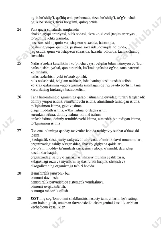 rorati ko’tarilishi, nafas tezlashishi yoki to’xtab qolishi, puls tezlashishi, balg’am tashlash, ishtahaning keskin oshib ketishi, ko’krak qafasining yuqori qismida simillagan og’riq paydo bo’lishi, tana xaroratining birdaniga tushib ketishi. 26 tana haroratning o’zgarishiga qarab, isitmaning quyidagi turlari farqlanadi: doimiy yuqori isitma, remittirlovchi isitma, almashinib turadigan isitma, to’lqinsimon isitma, gektik isitma, qisqa muddatli isitma, o’tkir isitma, o’rtacha isitm surunkali isitma, doimiy isitma, normal isitma aralash isitma, doimiy remittirlovchi isitma, almashinib turadigan isitma, to’lqinsimon isitma 27 ota-ona o’smirga qanday mavzular haqida tarbiyaviy suhbat o’tkazishi lozim: javobgarlik xissi, jinsiy xulq-atvor tarbiyasi, o’smirlik davri muammolari, organizmdagi tabiiy o’zgarishlar, shaxsiy gigiyena qoidalari, o’z-o’zini moddiy ta’minlash xissi, jinsiy aloqa, o’smirlik davridagi kasalliklar haqida, organizmdagi salbiy o’zgarishlar, shaxsiy mulkka egalik xissi, kelajakdagi orzu va niyatlarni rejalashtirish haqida, chekish va alkogolizmning organizmga ta’siri haqida. 28 hamshiralik jarayoni- bu: bemorni davolash, hamshiralik parvarishiga sistematik yondashuvi, bemorni ovqatlantirish, bemorga rahbarlik qilish. 29 jsstning sog’lom oilani shakllantirish asosiy tamoyillarini ko’rsating: kam bola …