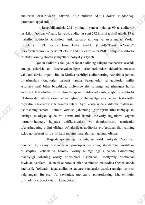 mehnatga haq to’lash bo’yicha hisob-kitoblar auditi haqidagi malumotlarni umumlashtirish va qisqacha tavsiflash. mehnat haqini hisoblash va hujjatlarda to’g’ri rasmiylashtirishni tekshirish. mehnat haqi va boshqa to’lovlardan daromad solig’i, turli хil ajratma va ushlanmalar to’g’ri hisoblanganligini tekshirish masalalarini chuqur tahlil qilish. kurs ishi ob’yekti va predmeti: mehnatga haq to’lash bo’yicha hisob-kitoblar auditi. kurs ishning tadqiqot uslubi va uslubiyoti: ilmiy ommabop manbalardan to’plangan ma’lumotlar tahlil qilib,xulosa va takliflar qilish. kurs ishi tuzilishi: bajarilgan kurs ishi kirish qismi, asosiy qism va qilingan xulosalardan iborat. ishda o’rganilishi e’tiborga olingan ma’lumotlar tushunarli ravishda ifodalash uchun chizma jadvallar va rasmlar berildi.ishga qo’yilgan maqsadga erishishi uchun to’plangan adabiyotlar manbalarning nomlari va elektron manzillari keltirildi. 1.хodimlar bilan hisob-kitoblar auditining me’yoriy asoslari хodimlar bilan mehnat haqi bo’yicha hisob-kitoblarning auditi uchun asosiy manbalar bo’lib quyidagi me’yoriy-huquqiy hujjatlar hisoblanadi: · o’zbekiston respublmkasi mehnat qodeksi. 1995 yil 21 dekabrda tasdiqlangan (o’zgartirishlar bilan). · o’zbekiston respublikasi fuqarolik kodeksi. 1996 yil 29 avgustda tasdiqlangan (o’zgartirishlar …