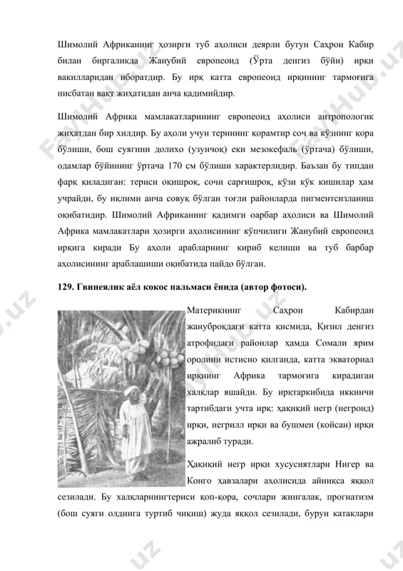 тоси). материкнинг саҳрои кабирдан жануброқдаги катта қисмида, қизил денгиз атрофидаги районлар ҳамда сомали ярим оролини истисно қилганда, катта экваториал ирқнинг африка тармоғига кирадиган халқлар яшайди. бу ирқтаркибида иккинчи тартибдаги учта ирқ: ҳақиқий негр (негроид) ирқи, негрилл ирқи ва бушмен (койсан) ирқи ажралиб туради. ҳақиқий негр ирқи хусусиятлари нигер ва конго ҳавзалари аҳолисида айниқса яққол сезилади. бу халқларнингтериси қоп-қора, сочлари жингалак, прогнатизм (бош суяги олдинга туртиб чиқиш) жуда яққол сезилади, бурун катаклари катта, лаблари чуччайган, бош суяклари долихокефальмезокефаль шаклидадир. уз ареалининг бошқа районларида негроидлар ана шу классик аломатлардан фарқ қилади. масалан, жануби-шарқий африкада баъзи бир халқларда тери ранги анча оқиш, юқори нил ва сенегал халқлари териси эса,аксинча, деярли қора;турли халқларда прогнатизм турлича ифодаланган. одамларнинг бўйлари ҳам турлича. нил ҳавзасида яшайдиганлар айниқса баланд бўйли бўлади. жанубий европоидлар ва негроидлар ареалларининг чегараларида эрта неолитдаёқ контакт (оралиқ) ирқ группалари таркиб топа бошлаган. эфиопия ирқи ана шулардандир. бу ирққа эфиопия, сомали ва уларга қўшни районларнинг …
