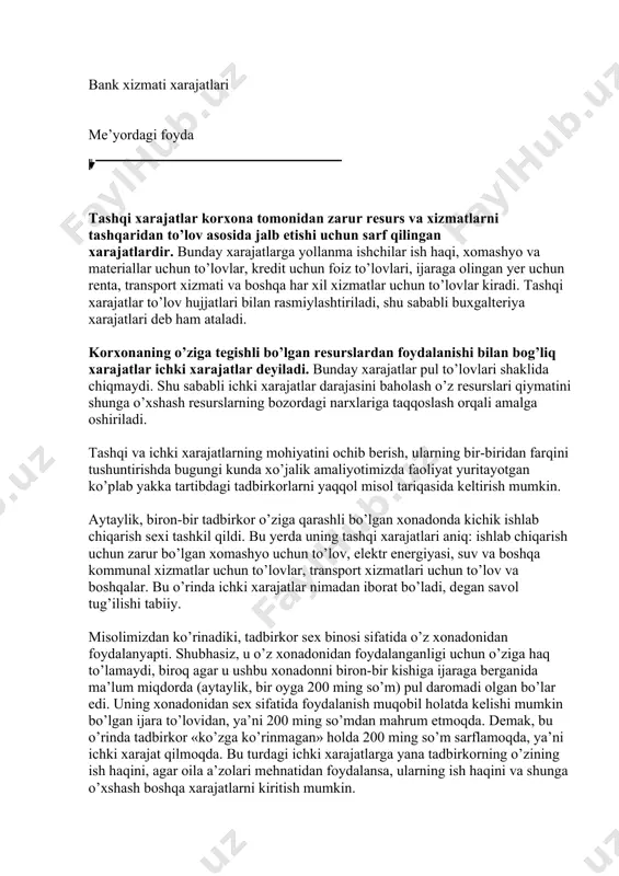 aruvchi xarajatlarga bo’linadi (11.3-chizma). ishlab chiqarish hajmining o’zgarishiga (qisqarishi yoki ortishiga) ta’sir qilmaydigan xarajatlar doimiy xarajatlar dеyiladi. doimiy xarajatlar (dx) ishlab chiqarish hajmining o’sishiga bеvosita ta’sir etmaydi va ishlab chiqarishning har qanday, hatto nolinchi hajmida ham mavjud bo’ladi. bunga korxonaning to’lov majburiyatlari (qarzlar bo’yicha foiz va boshqalar), soliqlarning ishlab chiqarish hajmiga bog’liq bo’lmagan turlari, amortizatsiya ajratmalari, ijara haqi, qo’riqlash xizmatiga to’lov, uskunalarga xizmat ko’rsatish sarflari, boshqaruv xodimlari maoshi va shu kabilar kiradi. 11.3-chizma ishlab chiqarish hajmining o’zgarishiga ta’siriga ko’ra xarajatlarning turkumlanishi o’zgaruvchi xarajatlar (o’x) dеb ishlab chiqarish hajmining o’zgarishiga ta’sir qiladigan xarajatlarga aytiladi. unga xomashyo, matеrial, yonilg’i, transport xizmati, ishchilar ish haqi va shu kabilarga qilinadigan sarflar kiradi. ishlab chiqarishning har bir darajasida doimiy va o’zgaruvchi xarajatlar yig’indisi umumiy xarajatlar (ux)ni tashkil qiladi. doimiy (dx), o’zgaruvchi (o’x) va umumiy (ux) xarajatlarning grafikdagi ifodasini 11.4-chizma orqali ko’rishimiz mumkin. mahsulot birligini ishlab chiqarishga qilinadigan sarf-xarajatlarni hisoblash uchun o’rtacha umumiy, o’rtacha doimiy va …
