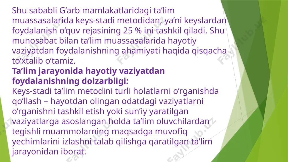 videomateriallar, kompyuter va dasturiy ta’minotdan foydalanib hal qilish bo’yicha intensiv treningidan iboratdir. keys-stadining ikki klassik maktabi – garvard (amerikada) va manchester (yevropada) maktablari mavjud. garvard maktabi doirasida mazkur metod yagona to’g’ri yechimni izlashni o’rgatish metodi hisoblanib, ikkinchi maktab (manchester) keysda bayon qilingan muammoli vaziyat yechimining ko’p variantliligini taklif qiladi. amerika keyslari o’nlab sahifali matnni va ko’plab chizmalarni o’z ichiga oladi. yevropa keyslari xajmi birmuncha kamroq. chet ellardagi biznes-maktablarda odatiy vaziyatlarni o’rganishga o’quv vaqtining o’rtacha 25% dan 90% gacha bo’lgan qismi ajratiladi. masalan, chikago universiteti biznes-maktabida o’quv vaqtining 25%i keyslar ulushiga, kolumbiya universitetida – 30%, uortonda esa – 40% iga to’g’ri keladi. mashg’ulotlarni ushbu metod bo’yicha o’tkazishga ajratiladigan soatlar soni bo’yicha uning “ilk ixtirochisi” – garvard yetakchilik qiladi. oddiy tinglovchi gbmda o’qish vaqtida 700 tagacha keyslarni ko’rib chiqadi va buning uchun o’quv vaqtining 90% gacha qismini sarflaydi. bunda shunday aniqlik kiritish kerak: moliyaviy fanlarga ixtisoslashgan maktablarda keyslar salmog’i asosiy fanlar – …