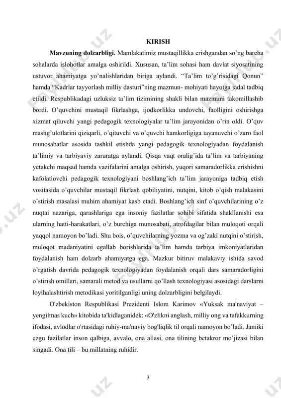 holda darsni tashkil etish kerak bo’ladi. buning uchun esa u bir necha yangicha ta’lim usullarini yaxshi bilishi kerak. shu yerda birinchchi prezidentimiz i.a. karimovning «biz o’g’il-qizlarimizni o’zlarini anglashga, mustaqil, ongli fikrlashga, ularning tafakkurida bo’shliq vujudga kelishigi yo’l qo’ymasligimiz lozim»2 degan so’zlarini misol qilib keltirgan holda maktab o’quvchisi, kasb-hunar kollejlari, akademik litsey talabalarining nutq boyligi, uquvliligini oshirishimiz, badiiy va ilmiy adabiyotlarga qiziqishini rivojlantirishimiz, ularning dunyoviy va diniy ilmlardan qay darajada xabardorligini aniqlashimiz kerak bo’ladi. chunki, ko’p o’qigan va uqqan yoshlarni aldash, milliy g’oyamizga yot bo’lgan g’oyalar sari yetaklash xalqimiz dushmanlari uchun uddalab bo’lmaydigan masalaga aylanadi. bitiruv malakaviy ishning maqsad va vazifalari. ushbu bitiruv malakaviy ishni yozishda savod o’rgatishning tayyorlov davrida o’quvchilarni yozuvga o’rgatish asosiy maqsad qilib belgilandi. ushbu maqsadni amalga oshirishda quyidagi vazifalar amalga oshirildi -boshlang’ich sinf o’quvchilarini yozuvga o’rgatish bo’yicha adabiyotlar va internet ma’lumotlari tahlili, -o’quvchilarni savod o’rgatishning ilk davridayoq yozishga o’rgatish masalalarini o’rganib chiqish -darslarda zamonaviy usullarni qo’llab darslarni …