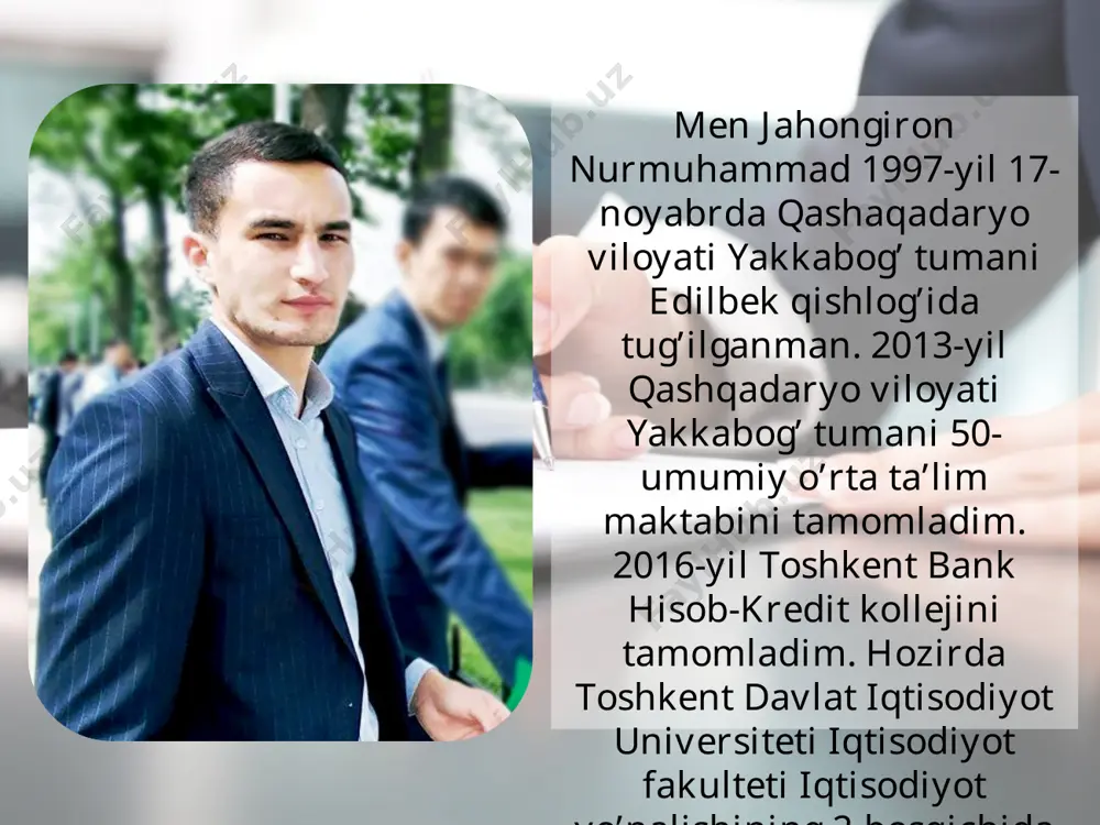 i maruza darslarimni o’qiyman. 00:00 da yotib uxlayman men 1 kunda o’rtacha 8 soat uxlayman. 1 soat tv ko’raman, 2,3 soat dars tayyorlayman, 1 soat telegramda “do’stlarim” bilan yozishaman, 1 soatcha telefonda gaplashaman. mening 1 haftam dam olish kunlari qiladigan ishlarim quydagilar: ertalab 10:00da turaman xonamni yig’ishtiraman uyimiz oldida kichkina bog’ bor shu bog’da dam olish kunlari tozalash, daraxt, gul ekish ishlarini olib boraman. 16:00 dan keyin haftada 1 marotaba do’stlar bilan futboll o’ynash yoki shunchaki qizg’in suhbat qurush maqsadida uchrashamiz. kechki payt ertangi kungi darslarimni tayyorlayman mening oilam bobom shaminov jahongir 1941 yil 1-yanvarda buvim sharipova xadicha 1950-yil 23-fevralda otam shaminov nurbek 1975-yil 3-sentyabrda onam shukurova mohidil 1976-yil 19-mart singlim jahongirova sadaf 1999-yil 27-mart singlim jahongirov kumush 2002-yil 3-iyulda ukam jahongirov nursulton 2004-yil 17-mayda men jahongiron nurmuhammad 1997-yil 17-noyabrda my family shominov rustam shominov zamon shominov ochil shominov jahongir qahramor yusuf xadicha norbobo zokir rustam o’ktam shominova nodira shominova …