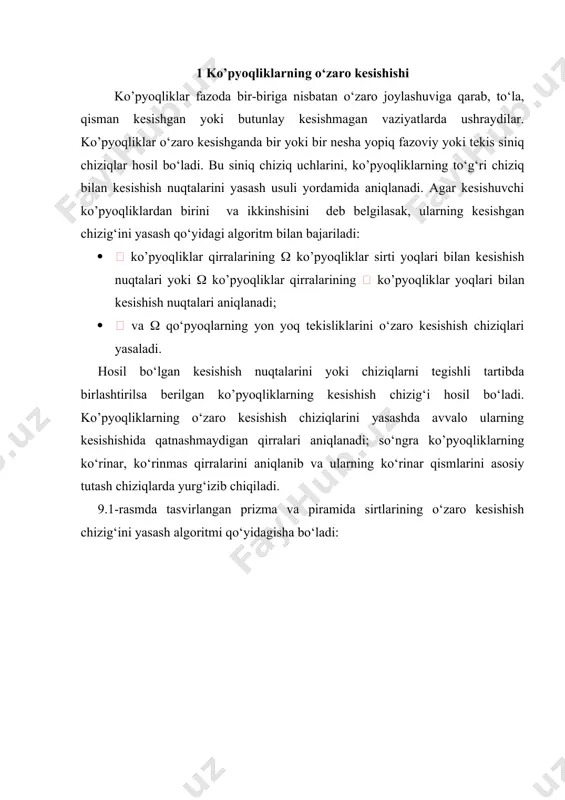 (5ʹ,5ʹʹ), 6(6ʹ,6ʹʹ) nuqtalari 8.20-rasmda ko‘rsatilganidek m2(m2h) va m3(3h) gorizontal proyeksiyalovchi tekisliklar yordamida topilgan; · aniqlangan 1ʹʹ,2ʹʹ,3ʹʹ,4ʹʹ,5ʹʹ,6ʹʹ nuqtalarni rasmda ko‘rsatilganidek, ko‘rinar-ko‘rinmas qismlarini e’tiborga olib, tartib bilan birlashtirib shiqilsa, ikki sirtning o‘zaro kesishish siniq chizig‘ining frontal proyeksiyasi hosil bo‘ladi. adabiyotlar: 1. sh.k. murodov va boshqalar. chizma geometriya. toshkent, «iqtisod-moliya», 2006, 2008. 2. b.b.qulnazarov. chizma geometriya. toshkent, «o‘zbekiston», 2006. 3. a.n. valiyev. perspektiva. toshkent, «tdpu rizografi», 2006. 4. sh.k. murodov va boshqalar. chizma geometriya kursi. toshkent, «o‘qituvchi», 1988. 5. r.q. ismatullaev. chizma geometriya. toshkent, 2005. 6. i. raxmonov. perspektiva. toshkent, «o‘qituvchi», 1993. 7. r.x. xorunov. chizma geometriya kursi. toshkent, «o‘qtuvchi», 4-nashri, 1997. 8. r.x. xorunov, a. akbarov. chizma geometriyadan masalalar va ularni echish usullari. 2-nashri, «o‘qituvchi», 1995.