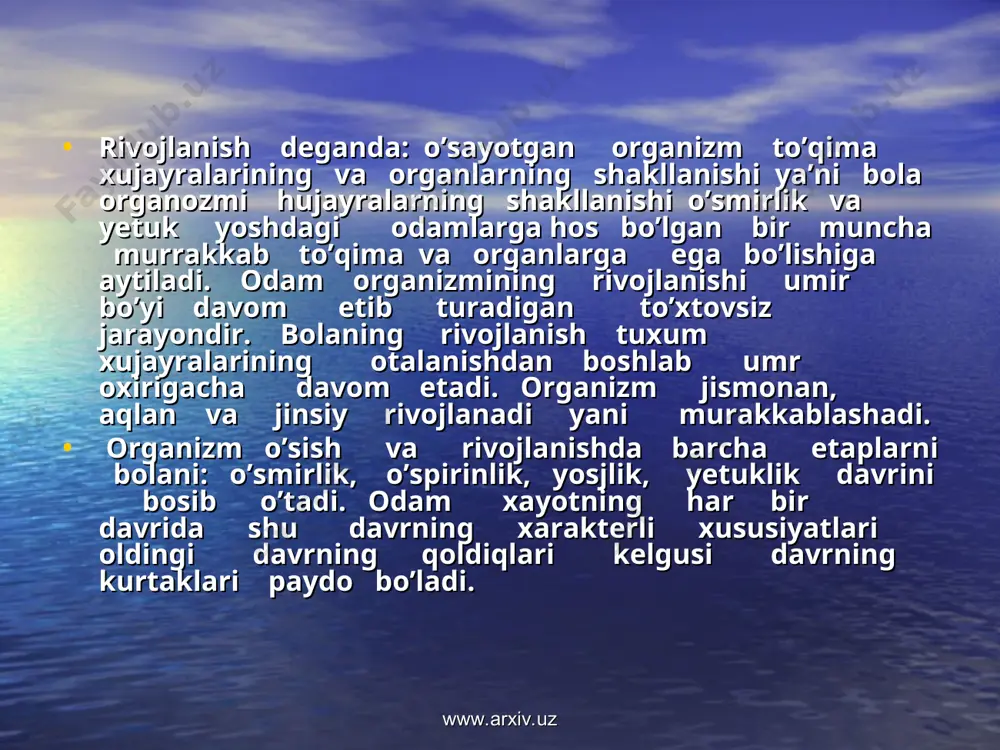 bo’y o’sishi yana sekinlashadi. boshlang’ich maktab yoshida 7-10sm o’sadi. jinsiy yetilish munosabati bilan qizlarda 12 yoshgach, o’g’il bolalarda 15 yoshdan boshlab bo’yiga o’sish tezlashadi. www.arxiv.uz www.arxiv.uz tananing vazni yoshga qarab o’zgaradi. yangi tug’ilgan chaqaloq o’rtacha vazni 3,5kg. bola tug’ilgandan kunidan 1 oyda 600gr. 2 oyda 800gr ortadi. 1yosh -9-10kg, 2 yoshda vazniga 2,5 –3,5 kg qo’shiladi. 4-5-6 yoshlarda har yili 1,5 –2 kg qo’shiladi. 7-yoshdan uning vazni tez ortib boradi.14-15 yoshda har yili 5-8kg ortadi. aqliy rivojlanishning notekisligi barcha sinf o’quvchilarda ko’rish mumkin. bunda o’quvchi oz sinifdoshlaridan o’zib ketishi mumkin. bolaning yoshlariga nisbatan aqliy kamol topishi ularning shaxsiy qobilyatiga va atrof muhit sharoitiga ham bog’liqdir. shu bilan birga kichik maktab yoshdagi bolalar o’rtasida o’ta qobilyatlilari ham uchrab turadi. bular vunderkindlar (nemis tilida - sexirli bolalar) deyiladi. ko’pgina atoqli olimlar yoshligidanoq katta qobilyatiga ega bo’lganlar.abu rayxon beruniy, ibn sino, alisher navoiy misol bo’ladi. ibn sino 16-17 yoshida mahxur tabib bo’lgan. www.arxiv.uz …