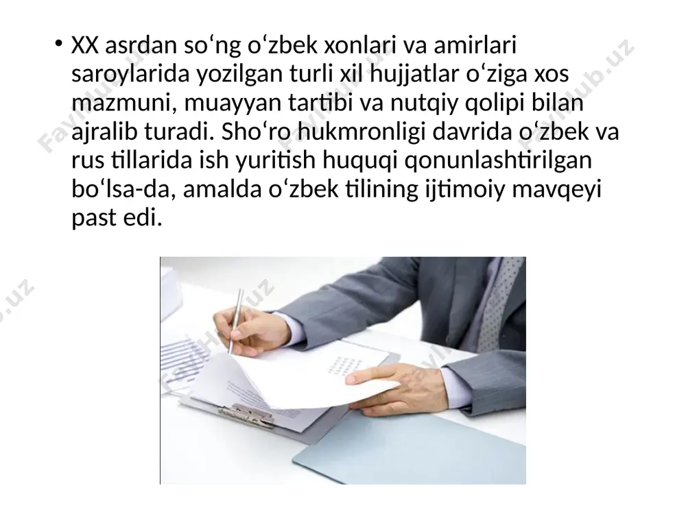 qonuni, o‘zbekiston respublikasi prezidenti, o‘zbekiston respublikasi vazirlar mahkamasi, oliy majlis, qonunchilik palatasi, oliy majlis senati, siyosiy partiyalar, davlat hokimiyat organi, qishloq fuqarolar yig‘ini, saylovoldi tashviqoti, o‘zbekiston ekologik harkati, «kamolot» yoshlar harakati, qonun ijrosi, konstitutsiyaviy tuzum, davlat tuzilishi, siyosiy institutlar, milliy xolding kompaniyasi singari turg‘un birikmalar ham mustaqillik davri o‘zbek tili taraqqiyotining mahsulidir. e'tiboringiz uchun raxmat image1.jpeg image2.jpeg image3.jpeg image4.jpeg image5.jpeg image6.jpeg image7.jpeg