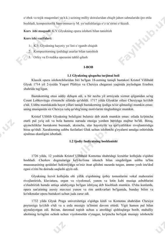 akorning otasi oddiy dehqon edi, u bir necha yil armiyada xizmat qilganidan so'ng count lobkovitsga o'rmonchi sifatida qo'shildi. 1717 yilda glyuklar oilasi chexiyaga ko'chib o'tdi. ushbu mamlakatda hayot yillari taniqli bastakorning ijodiga ta'sir qilmasligi mumkin emas: uning musiqasida siz chexiya xalq qo'shig'ining motivlarini tinglashingiz mumkin. kristof uliblib glyukning bolaligini bulutsiz deb atash mumkin emas: oilada ko'pincha etarli pul yo'q edi va bola hamma narsada otasiga yordam berishga majbur bo'ldi. biroq, qiyinchiliklar bastakorni buzmadi, aksincha, ular hayotiylik va qat'iyatlilikni rivojlantirishga hissa qo'shdi. xarakterning ushbu fazilatlari gluk uchun islohotchi g'oyalarni amalga oshirishda ajralmas ekanligini isbotladi. 1.2 ijodiy faoliyatning boshlanishi 1726 yilda, 12 yoshida kristof uillibald komotau shahridagi iezuitlar kollejida o'qishni boshladi. cherkov dogmalariga ko'r-ko'rona ishonch bilan singdirilgan ushbu ta'lim muassasasining qoidalari hokimiyatga so'zsiz itoat qilishni nazarda tutgan, ammo yosh iste'dod egasi o'zini bu doirada saqlashi qiyin edi. glyukning iezvit kollejida olti yillik o'qishining ijobiy tomonlarini vokal mahoratini rivojlantirish, klaviatura, organ va viyolonsel, …