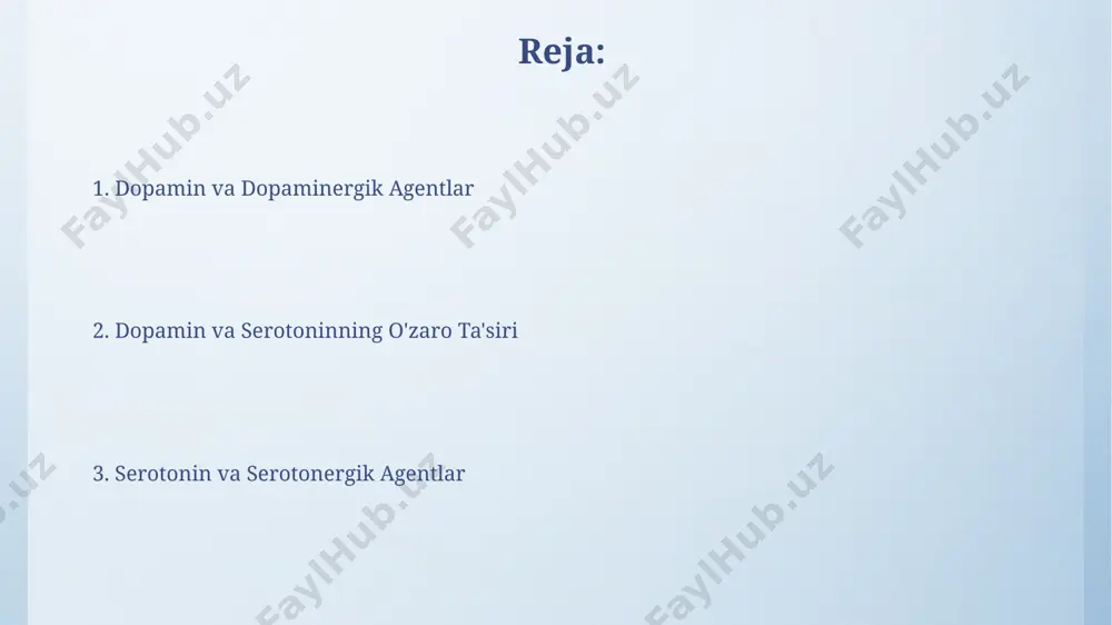 n bo'lib, ularning faoliyati oziq-ovqat harakatini, shilliq pardalar sekretsiyasini va ichak mikrobiotasini boshqarishda ishtirok etadi. serotonergik agentlarning turlari serotoninni qayta qabul qilish inhibitörlari (ssri) kabi selektiv serotonin qayta qabul qilish inhibitörlari, tashvish va depressiya kabi holatlarni davolashda qo'llaniladi va turli xil kimyoviy tuzilmalarga ega bo'lgan 10 dan ortiq dorilarni o'z ichiga oladi. triptanlar, 5-ht1b/1d retseptorlarining agonistlari, migren hujumlarini davolashda qo'llaniladi va bosh og'rig'ini kamaytirish uchun 1-3 mg dozalarda buyuriladi. dopaminni kamaytiruvchi dorilar ba'zi antipsixotik dorilar dopamin d2 retseptorlarini bloklaydi, natijada dopaminning ta'siri kamayadi, bu esa 5-ht2a retseptorlari faolligini oshirishi mumkin. dopaminni ko'paytiruvchi ba'zi dorilar, masalan, levodopa, miyadagi dopamin darajasini 20-30% ga oshirishi mumkin, bu parkinson kasalligining alomatlarini yengillashtirishga yordam beradi. klinik qo'llanmalar va kelajakdagi tadqiqotlar serotonerjik agentlarning yon ta'siri, jumladan, 5-ht3 retseptorlari bilan bog'liq ko'ngil aynishi va qusish, kelajakdagi tadqiqotlarning muhim yo'nalishidir. parkinson kasalligini davolashda dopaminergik agentlarning uzoq muddatli ta'siri va > 65 yoshdagi bemorlarda ularning xavfsizligi bo'yicha 10 ga …