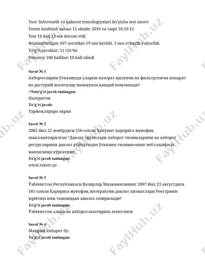 informatika va axborot texnologiyalari bo'yicha test sinovi — DOCX