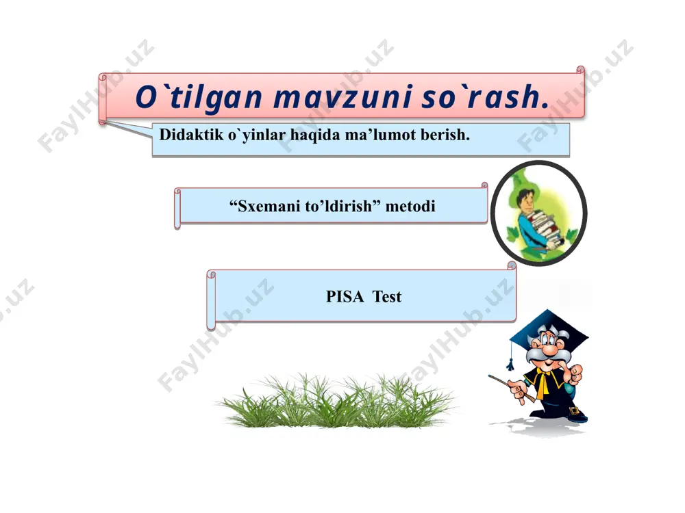 hang naychalari turlicha tezlikda o’sadi ø ikkita sperma urug’kurtak ichiga kirib u yerdagi hujayralarni urug’lantiradi ø urug’langan tuxum hujayradan endosperm hosil bo’ladi ø qo’sh urug’lanishdan so’ng urug’kurtak urug’ga aylanadi 1.oltin kosada toshib turar dala husnini ochib turar? ( paxta ) 2. qip – qizilu, anormas , cho`g`ga o`xshar, yonolmas, mo`ralaydi egatdan, joy oladi savatdan. ( qulupnay ) 3. cheti gulli, patir non, ichi to`la g`ij – g`ij don. ( kungaboqar ) 4.dum – dumaloq jajji oy , chaqib yesang, g`ij – g`ij moy. ( yong`oq ) 5. yashil gumbaz ichida. qip – qizil xona bir xil libos , teng bo`yli. ming bir dugona. ( tarvuz ) media1.wav image1.png image2.jpeg image3.jpeg image4.png image5.png image6.jpeg image7.png image8.png image9.png image10.png image11.png image12.png image13.png image14.png image15.png image16.png image17.png image18.png image19.png image20.png image21.png image22.png image23.png image24.png image25.png image26.png image27.png image28.jpg image29.png /docprops/thumbnail.jpeg