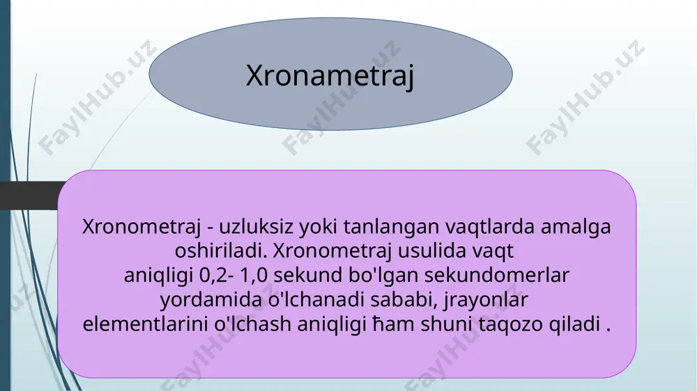 ki tanlangan vaqtlarda amalga oshiriladi. xronometraj usulida vaqt aniqligi 0,2- 1,0 sekund bo'lgan sekundomerlar yordamida o'lchanadi sababi, jrayonlar elementlarini o'lchash aniqligi ћam shuni taqozo qiladi . rasmga olib ishlash rasmga olib ћisoblash usuli- ma'lum vaqt bo'lagi davomida, ќo'lda va mexanizmlar yordamida davriy yoki uzluksiz qurilish jarayonlarini bajarish uchun sarflanadigan barcha turdagi vaqt sarfini ћisobga olishda qo'llaniladi. rasmga olib ћisoblash vaqt sarfini ћisobga oluvchi asosiy usul bo'lib, u aniќlik darajasi 5-30 sek bo'lgan soat yordamida amalga oshiriladi. ish kunini tasvirga olish usuli ish kunini tasvirga olish usuli -ish kuni davomida yuz beradigan bekor turib qolish vaqtini va sababini aniqlash, uni yo‘qotish usulini belgilash maqsadida ќo'llaniladi. kuzatish jarayonida ishni bajarish va bekor turib qolish vaqti ( sababini ko'rsatgan xolda ) ћisobga olib boriladi. ish kunini tasvirga olish usulida kuzatish bir smena davomida, aniqlik darajasi 30 sekundgacha bo'lgan soat yordamida bajariladi. hozirgi vaqtda texnik me’ yorlashning ahamiyati hozirgi vaqtda texnik tartibga solishning ahamiyati …
