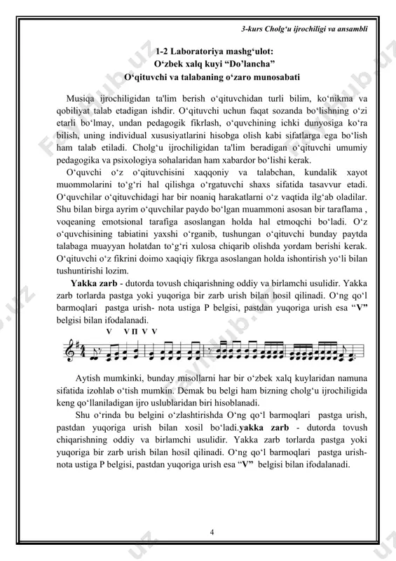 i 1. h. nurmatоv.qashqar rubоbi. tоshkеnt. o‘qituvchi. 2003 y. 2. mlle. yvonne combe “fundamentals ofpiano practice” july 28, 2016, tampa, fl, usa 58- bet 5-6 laboratoriya mashg‘ulot: hafifi segoh. o‘zbek xalq kuyi. cholg'uchi ijro qilgan asarlar majmuasiga repertuar deyiladi. o'quvchilar uchun repertuar tanlashda nimalarga e'tibor berish kerak? repertuarni qanday tanlash kerak? duch kelgan asarni o'quvchiga ijro etish uchun beraverish yaramaydi. tanlanayotgan asar o'quvchi - sozandaning ijro maxoratini yana bir pog'onaga ko'tarishga xizmat qilishi kerak. o'quvchining cholg'uda ijro mahoratining muvaffaqiyatli rivojlanishi har doim ham uning qobiliyati bilan belgilanavermaydi. bunda repertuar tanlashning ham ma'lum darajada ahamiyati bor. sozandaning oldiga qo'yilayotgan vazifalarning bir maromda murakkablashishi uning qiziqishini yanada kuchaytiradi. boshqacha aytganda, navbatdagi tanlanayotgan asar oldingisiga qaraganda ijro jihatidan murakkabroq bo'lishi zarur. aytish zarurki, ijro uchun tanlangan musiqa asari o'quvchining imkoniyatlariga mos kelishi kerak, toki u asarning badiiy va texnik vazifalarini hal eta olsin. dutorda ijroni o'rgatish va o'rganish jarayonining har bir bosqichida o'quvchi …