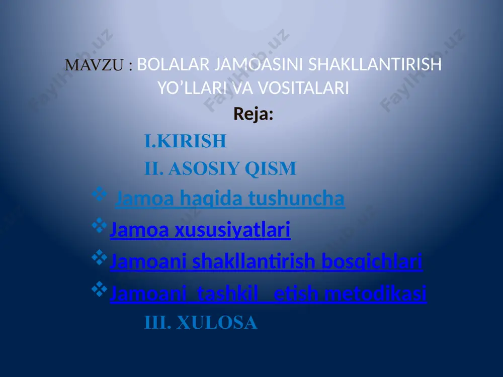 hlil qilish; sinfda ayrim guruhda o`quvchilarning o`zaro ijobiy aloqalarini shakllantirish; o`z ishining natijalarini tahlil qilish, yutuq va kamchiliklarini aniqlash, kamchiliklarni yo`qotish yo`llari; maktab ish hujjatlarini yuritish. kirish fanni o`rganish natijasida o`quvchilar quyidagi bilimlarga ega bo`lishlari kerak: - o`zbekiston respublikasi ta`lim tizimi; barkamol shaxsni tarbiyalash yo`llari; ta`lim jarayonida qo`llaniladigan metodlar; ta`lim jarayoni mohiyati va mazmuni; ta`limni tashkil etish metod va yo`llari; ota-onalar va jamoatchilik bilan hamkorlikda ishlash shakllari; ta`limni sinfdan va maktabdan tashqari turlariga rahbarlik qilish; pedagogik adabiyotlarni tahlil qilish; dastur mazmunidan mashg`ulot uchun zarur bo`lgan qismni ajrata bilish va mashg`ulot uchun ishlanma tuzish; o`z ishining natijalarini tahlil qilish, yutuq va kamchiliklarini aniqlash, kamchiliklarni bartaraf etish yo`llari. jamoa haqida tushuncha jаmоа so`zi lоtinchа "kоllеktivus" so`zining tаrjimаsi bo`lib, yig`ilmа, оmmа, birgаlikdаgi mаjlis, birlаshmа, guruh mа`nоlаrini аnglаtаdi. аniqrоq аytilаdigаn bo`lsа jаmоа – bu kishilаrdаn ibоrаt guruh dеmаkdir. zаmоnаviy tаlqindа "jаmоа" tushunchаsi ikki xil mа`nоdа ishlаtilаdi. birinchidаn, jаmоа dеgаndа kishilаrning istаlgаn tаshkiliy guruhi tushunilаdi …