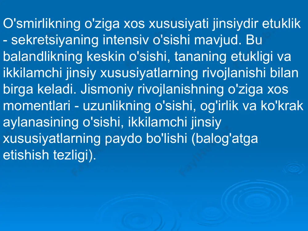 va xatti-harakatlariga e'tibor kuchayadi: "men erkak kabi, men ham ayol kabiman." bu borada shaxsiy jozibadorlikka alohida ahamiyat beriladi - bu tengdoshlar nazarida katta ahamiyatga ega. o'smirning boshqa jinsdagi tengdoshlariga bo'lgan qiziqishi boshqa birovning tajribasi va harakatlarini aniqlash va baholash qobiliyatining oshishiga, aks ettirish va aniqlash qobiliyatining rivojlanishiga olib keladi. 7-8-sinflarda o'g'il bolalar va qizlar o'rtasida ko'proq ishqiy munosabatlar paydo bo'ladi, ular bir-birlariga eslatma yozishni va sanalar qilishni boshlaydilar. bunday munosabatlarga asoslanib, o'smirlarda yaxshiroq bo'lish istagi va o'zini o'zi takomillashtirishga bo'lgan ehtiyoj paydo bo'ladi. bu yoshda ko'pchilik bolalar o'z-o'zini tarbiyalash bilan shug'ullana boshlaydilar. birgalikda vaqt o'tkazishda romantik munosabatlar paydo bo'lishi mumkin: sayrlarda, teatrlarga, muzeylarga, kinoga va hokazolarga tashrif buyurganingizda. o'smirlar ko'pincha o'zlarini mashhur belgilar bilan tanishtiradilar va ularning xatti-harakatlarining tashqi shakllariga moslashishga intiladilar. image8.jpeg image9.jpeg image10.jpeg image11.jpeg image12.jpeg image13.jpeg image1.jpeg image2.jpeg image3.png image4.jpeg image5.jpeg image6.jpeg image7.jpeg image14.jpeg image22.jpeg image15.jpeg image16.jpeg image17.jpeg image18.jpeg image19.jpeg image20.jpeg image21.jpeg image30.jpeg image23.jpeg image24.jpeg image25.jpeg image26.jpeg image27.jpeg …