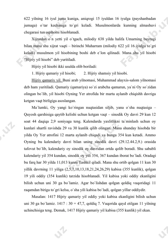 lgan 19 yili oddiy (354 kunlik) tarzida hisoblanadi. yil kabisa yoki oddiy ekanligini bilish uchun uni 30 ga bo`lamiz. agar bo`lishdan qolgan qoldiq vuqoridagi 11 raqamdan biriga to`gri kelsa, o`sha yili kabisa bo`ladi, qolgan yillar oddiydir. masalan: 1417 hijriy qamariy yil oddiy yoki kabisa ekanligini bilish uchun uni 30 ga bo`lamiz. 1417 : 30 = 47,7, qoldiq 7. vuqorida qayd etilgan 11 yilning uchinchisiga teng. demak, 1417 hijriy qamariy yil kabisa (355 kunlik) yil ekan. musulmon qamariy kalendari bo`yicha yil o`n ikki oyga bo`linadi. qamariy yil oylari fasllar bo`yicha qishdan kuzga, kuzdan yozga, yozdan baxorga va baxordan qishga qarab doimo siljib boradi. hijriy - qamariy kalendar oylari. oyning tartib raqami nomi kunlar soni 1 muharram (ashuro) 30 2 safar 29 3 rabi – al – avval 30 4 rabi – as – soniy 29 5 jumadul – avval 30 6 jumadul – soniy 29 7 rajab 30 8 sha`bon (bar`ot) …