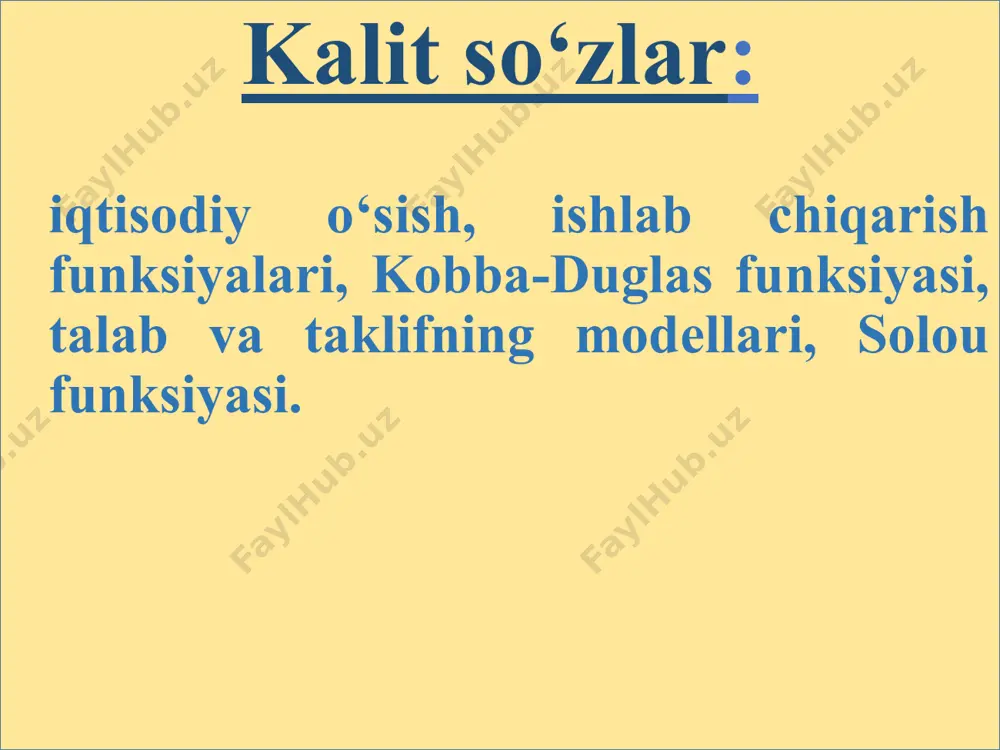 yaqinlashtirilgan ma’nosini (qimmatini) anglatadi. empirik bog‘liqlikdan nazariy funksiyaga о‘tish eng kichik kvadratlar usuli yordamida amalga oshiriladi. uning mohiyati shunday parametrlarni topishdan iboratdirki, unda funksiyaning hisoblangan qiymatlari bilan uning haqiqiy qiymatlari о‘rtasidagi farq kvadratlari yig‘indisi eng minimal bо‘lib, quyidagicha ifodalanadi: ishlab chiqarish funksiyalari matematik tasvirlash tipiga kо‘ra chiziqli, darajali, parabolik, kо‘rsatkichli va hokazo bо‘lishi mumkin. chiziqli funksiya: bu funksiya bir jinsli bо‘lib, omil-dalillarning doimiy limitli samaraliligi bilan xarakterlidir. 2. darajali funksiya: bu yerda: y– ishlab chiqarilgan mahsulot; x– ishlab chiqarish resurslari sarfi; b– ishlab chiqarish samaradorligining о‘zgarish kо‘rsatkichi; a – erkin parametr. kobba-duglas tipdagi darajali funksiya eng kо‘p tarqalgan va universal funksiya hisoblanadi. u quyidagicha kо‘rinishda bо‘ladi: bu yerda: y– natijaviy kо‘rsatkich; xi– erkin о‘zgaruvchi miqdor; – о‘zgarmas miqdorlar; – kо‘paytirish operatori. bu funksiya parametrlari bir vaqtning ichida elastiklik koeffitsientlariga teng. elastiklik koeffitsientlarining iqtisodiy mazmuni shundan iboratki, ular mustaqil o‘zgaruvchilar (x) bir foizga o‘zgarganda natijaviy ko‘rsatkich (y) qanday o‘zgarishini ko‘rsatadi. darajali …