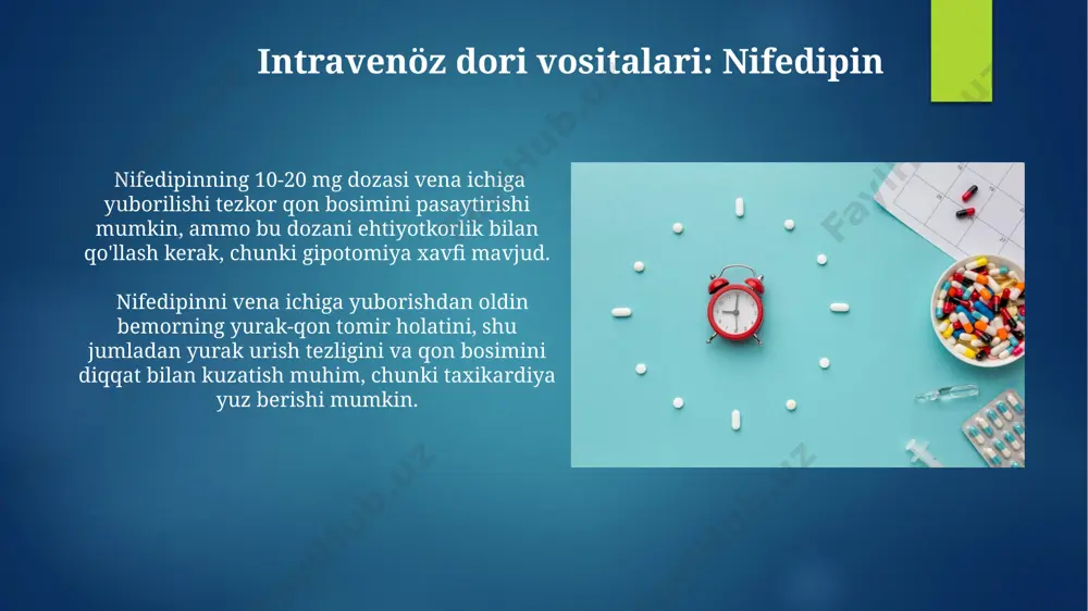 sa, tez tibbiy yordam chaqirish shart. bemorni yotqizib, oyoqlarini ko'tarish kerak. bemorning holatini kuzatib, nafas olish tezligini, pulsini va arterial bosimini nazorat qilish kerak. har qanday o'zgarishlar haqida tez tibbiy yordam xodimlarini xabardor qilish zarur. gipertenziv krizdan keyingi davolash va reabilitatsiya гипертензив криздан кейинги даволашда сийраклаштирилган диуретик терапияси билан бирга ace ингибиторлари ва бета-блокаторлар қон босимининг стабил ҳолатга келишига ёрдам беради. гипертонияли инсультдан кейинги 3 ойлик даврда реабилитацияда юрак-қон томир тизимининг функциясини яхшилашга қаратилган мажмуавий терапия (медикаментоз, физиотерапия) муҳим аҳамиятга эга. intravenöz dori vositalari: labetalol labetalolning intravenöz yuborilishi arterial bosimni 20-30% ga 2 daqiqa ichida pasaytirishi mumkin, bu uni gipertenziv krizlarda tez ta'sir qiluvchi vosita qiladi. labetalol, α va β-adrenoreseptorlarining ikkala turini bloklaydigan, nonselectiv beta-bloker bo'lib, bu uning gipertenziya va taxikardiyani bir vaqtda boshqarish imkonini beradi. e'tiboringiz uchun rahmat @taqdimot_robot image6.jpg image7.jpg image8.jpg image9.jpg image10.jpg image11.jpg image12.jpg image13.jpg image14.jpg image15.jpg image16.jpg image17.jpg image2.png image3.png image4.png image5.png