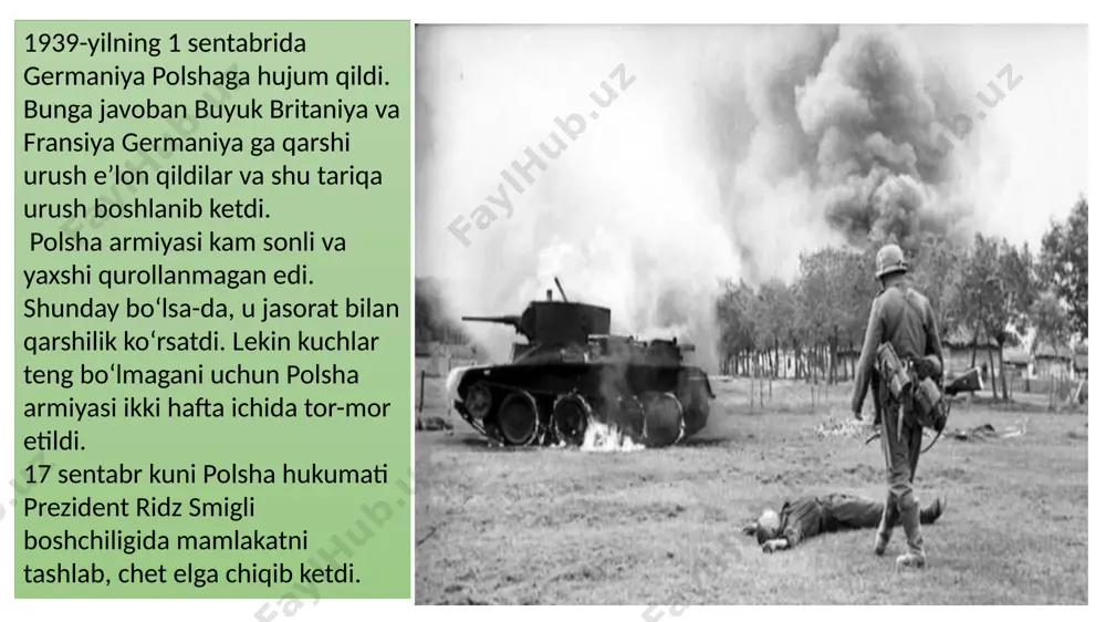 2-iyun kuni kompen o‘rmonida germaniya va fransiya o‘rtasida yarash bitimi imzolandi. 25-iyun kuni shunday yarash bitimi italiya bilan fransiya o‘rtasida ham imzolandi. bu bitimlarga, ko‘ra fransiya harbiy harakatlarni to‘xtatdi. armiya va flotni qurolsizlantirdi. pol reyno hukumati iste’fo berdi. germaniya fransiya hududining uchdan ikki qismini okkupatsiya qildi. parij shahri ham okkupatsiya hududi tarkibida edi. okkupatsiya qilinmagan hududda marshal peten boshchiligida qo‘g‘irchoq hukumat tuzildi va uncha katta bo‘lmagan vishi shahrida joylashdi hamda peten hukumati germaniya bilan hamkorlik qilish majburiyatini oldi. sovet davlati hududining yanada kengayishi asosiy raqiblari g‘arbiy frontda bandligidan foydalangan sovet davlati o‘z hududini yanada kengaytirishga kirishdi. 1940-yilning 14—16 iyunida sovet hukumati boltiqbo‘yi respublika lariga ultimatum topshirdi. unda hukumat tarkibini o‘zgartirishga va sovetlarning qo‘shimcha harbiy kuchlarini kiritishga rozilik berish talab etilgan edi. ular noiloj rozi bo‘ldilar. sovet hukumati shu tariqa boltiq bo‘yini bosib oldi. boltiqbo‘yi respublikalari amalda o‘z mustaqilligini yo‘qotdilar. litva, latviya va estoniya sovet respublikalariga aylantirildi va 1940-yilning avgustida bu …