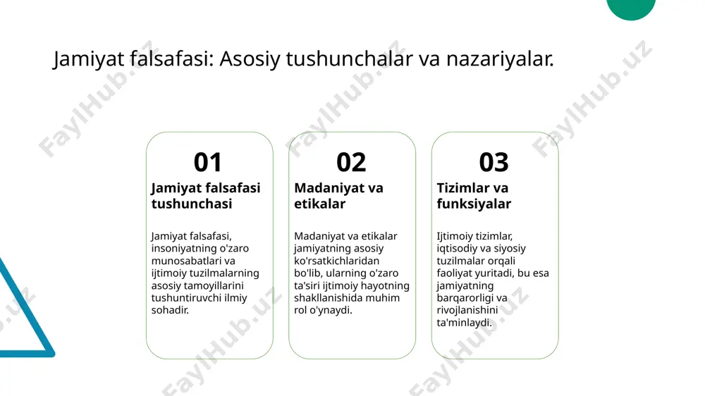 da tezlashmoqda, bu esa xalqning qadriyatlari va urf-odatlariga ta'sir qiladi. 02 etika va madaniyat madaniyat va etikalar bir-birini kuchaytiradi. o'zbek madaniyatidagi etik qadriyatlar, ijtimoiy hayotda muhim rol o'ynab, insonlarni birlashtiradi. 03 an'analarning yangilanishi an'anaviy qadriyatlar zamonaviy hayotda yangilanmoqda. bu jarayon, yosh avlodning o'ziga xos fikrlash uslublarini shakllantiradi va madaniy merosni saqlaydi. 04 muammolar va yechimlar madaniy o'zgarishlar bilan bog'liq etik muammolar, masalan, gender tengligi va ijtimoiy adolat, o'zbekistonda dolzarb masalalardir, ularni hal etish zarur. madaniyat va etika: o'zbekistonda zamonaviy muammolar. 1 madaniyat va etika - o'zbekistonda madaniyat va etika o'rtasidagi munosabatlar muhimdir. ijtimoiy qadriyatlar, an'analar va zamonaviy ehtiyojlar bir-birini ta'sir qiladi. 2 an'anaviy qadriyatlar - o'zbek madaniyatidagi an'anaviy qadriyatlar, masalan, mehmondo'stlik va oilaga hurmat, zamonaviy muammolarni hal etishda asosiy rol o'ynaydi. 3 zamonaviya ta'siri - globalizatsiya va texnologik o'zgarishlar o'zbekistondagi madaniy va etika tamoyillariga yangi qiyinchiliklar keltiradi, bu esa ijtimoiy muammolarni keltirib chiqarishi mumkin. 4 ijtimoiy muammolar - o'zbekistonda zamonaviy …