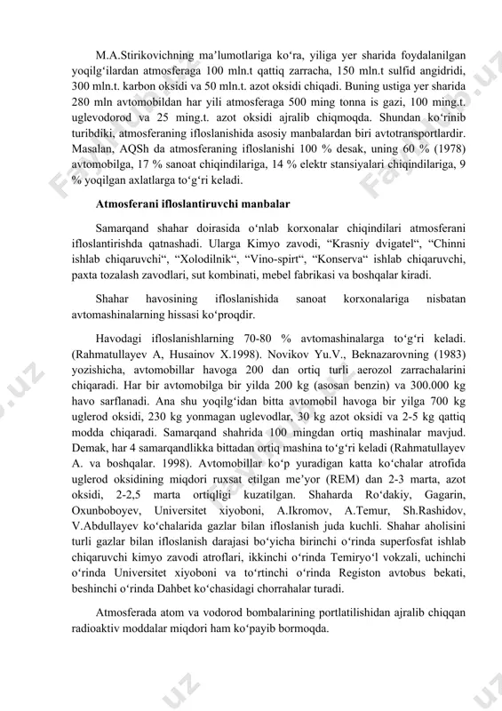 biroq uchirilgan raketalar, yoʻldoshlardan olingan maʼlumotlarga asoslanib, bu sferada harorat 2000 ºc ga yetsa kerak, deb faraz qilish mumkin. atmosfera quyoshning ultrabinafsha va qisqa toʻlqinli radiasiyalarini yutib turishidan tashqari, yer sharining iqlimini vujudga keltiruvchi omildir. atmosferaning ifloslanishi va uning salbiy oqibatlari kishilar va barcha tirik mavjudot havo bilan nafas oladi. kishi nafas organlari bir sutkada 20 m3 havo oʻtkazadi. demak, atmosfera planetamiz hayoti uchun gʻoyat zarurdir. biroq u borgan sari insonning xoʻjalik faoliyati bilan bogʻliq holda vujudga kelgan karbonat angidrid, oltingugurt oksidi, azot, uglevodorod, mayda qattiq zarrachalar va radiaktiv moddalar bilan ifloslanib bormoqda. bu ifloslanish quyosh radiasiya balansiga taʼsir etib, yer shari haroratining oʻzgarishiga olib kelmoqda. atmosferaning shunday ifloslanishi davom etaversa, 2100 yilga kelib karbonat angidridning miqdori 3 marta ortishi ham mumkin. olimlarning fikrlariga qaraganda, issiqxona gazlari miqdorining koʻpayishi oqibatida dunyo miqyosida havo harorati koʻtariladi va iqlim modellari boʻyicha keyingi yuz yil ichida harorat 1,0 dan 3,5 ºc gacha koʻtarilishi …