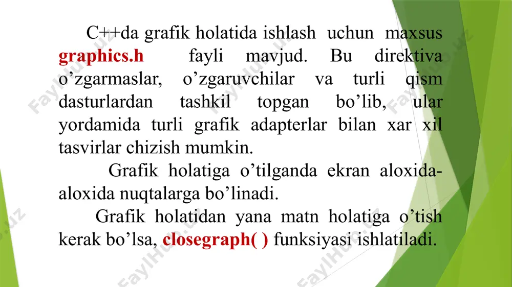 g’ma shrtixlar 10 - siyrak nuqtalar (u yer - bu yerda) 11 - zich nuqtalar bilan. floodfill (x, y, color) - joriy rang va usuldan foydalangan holda chegaralangan sohani bo’yash. bu yerda x va y - shu sohaga tegishli bo’lgan biror nuqta koordinatasi. avval rang, turi keyin chizmalar ko’rsatiladi. masalan: setcolor (4); {qizil rangli qalam, chegara rangi} setfillstyle (1, 2(color)); {1-tur bilan yashil rang bilan bo’yash} circle (50, 50, 35); {radusi 35 bo’lgan aylana chizish} floodfill (50, 50, 4); {aylana ichiga rang bilan to’ldirish, bo’yaladigan chegara rangi rangli qalam bilan bir xil bo’lishi kerak} takrorlash uchun savollar c++ tilining grafik imkoniyatlari. tasvirlarni hosil qiluvchi funktsiyalar. tasvirlarni harakatlantirish. c++ tilida grafika. grafik adapterlar haqida. ekranning fon rangini o’zgaritish. image1.png image2.png /docprops/thumbnail.jpeg