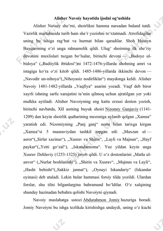 aydi. 1483-yilda oʻz „xamsa“sini yoza boshlab, 1485-yilning boshida yugatadi. shoir ishlagan kunlar hisobga olinsa, 54 ming misralik ulkan obida 6 oyda bitkaziladi. turkiy tilda birinchi marotaba „xamsa“ yaratiladi. olimu fuzalo — barcha bu hodisani zoʻr olqish bilan kutib oldilar. zayniddin vosifiyning „badoyeʼ ul-vaqoe“sidan: "shoh navoiyga: „bir mojaro siz bilan bizning oramizdan koʻpdan hal boʻlmay keladi, shuni bugun bir yoqlik qilaylik“, deydi. bu mojaro shundan iborat ediki, sulton husayn alisherning muridi boʻlishini koʻpdan orzu qilar va uni „pirim“ deb atar edi. alisher esa har gal: „yo ollo, yo ollo, bu qanday gap boʻldi! aslida — biz muridmiz, siz — hammasiga pirsiz“, der edi. endi sulton husayn alisherdan soʻradi: — pir nima-yu, murid nima? alisher javob berdi: · pirning tilagi — muridning tilagi boʻlishi kerak. · shunda sulton husayn oʻzining oq otini olib kelishni buyuradi. ot juda asov, chopagʻon edi. sulton husayn aytdi: · siz pir, men murid boʻladigan boʻlsam, siz shu …