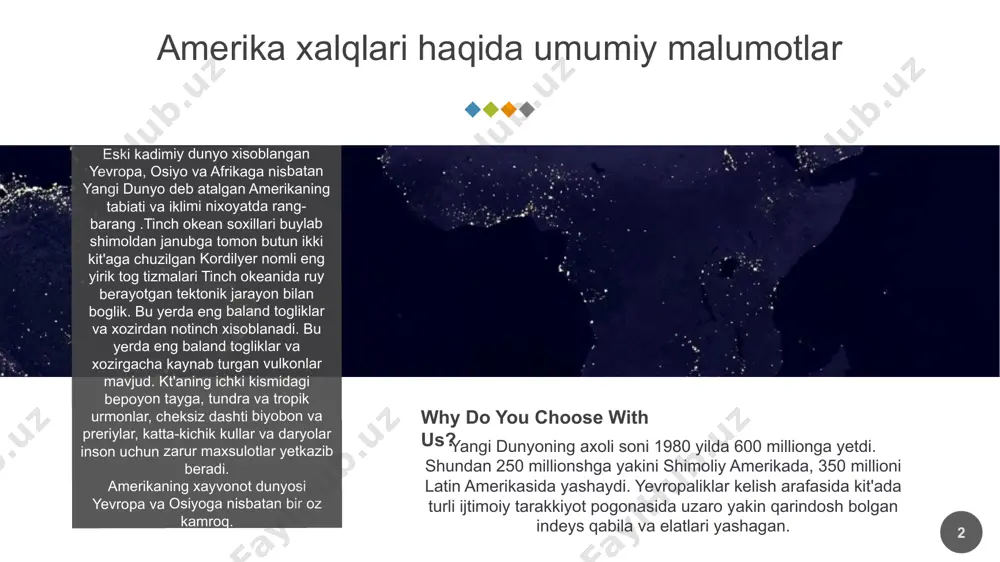 asida joylashgan inklar kuchayib 1438 yildan qabilalar ittifoqiga bosh bo'ladi va oliy kasta deb taniladi. boshqa barcha qabilalar unga bo'ysunib soliq to'lab turgan. 4 lorem ipsum dolor sit amet, consectetuer adipiscing elit, sed diam nonummy idea lorem ipsum dolor sit amet, consectetuer adipiscing elit, sed diam nonummy amliter lorem ipsum dolor sit amet, consectetuer adipiscing elit, sed diam nonummy photo janubiy amerika ekvatorial va tropik kengliklarda joylashgan. janubiy amerikaning butun materik qismi g'arbiy, janubiy va shimoliy yarim sharlarda joylashgan bo'lib, boshqa qit'alardan okeanlar bilan deyarli butunlay ajralib turadi. gʻarbdan tinch okeani, shimoldan va sharqdan atlantika okeani yuvib turadi. shimolda janubiy amerika shimoliy amerikadan ajratilgan panama kanali, antarktida janubida - drake passage. 5 hozirgi xalqlarning shakllanishi evropaliklar amerikaga bostirib kirganlarida, qit'aning turli joylarida uning xalqlarining rivojlanish darajasi bir xil emas edi. shimoliy va janubiy amerikaning aksariyat qabilalari ibtidoiy jamoa tuzumining turli bosqichlarida bo'lgan, meksika, markaziy amerika va janubiy amerikaning g'arbiy qismidagi …