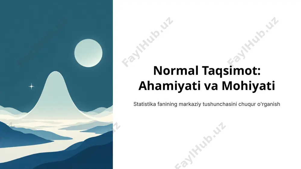 rni soddalashtirish va umumlashtirish imkoniyati kutilmagan hodisalarni aniqlash (outlierlar) qaror qabul qilishda asosiy vosita matematik hisoblashlarning qulayligi cheklanishlar ma'lumotlar qattiq assimetrik yoki ko'p cho'qqili bo'lsa mos kelmaydi ba'zi sohalarda boshqa taqsimotlar kerak bo'ladi diagnostika va transformatsiyalar talab qilinadi haddan tashqari qiymatlar ta'sirida buzilishi mumkin 8 zamonaviy dunyoda normal taqsimot katta ma'lumotlar big data va ma'lumotlar tahlilida normal taqsimot asosiy model bo'lib xizmat qiladi. sun'iy intellekt mashina o'rganishi algoritmlari va ehtimollik modellarida fundamental rol o'ynaydi. raqamli transformatsiya real hayotdagi murakkab jarayonlarni soddalashtirishga va modellashtirshga yordam beradi. zamonaviy texnologiyalar va ilm-fan rivojlanishi bilan normal taqsimot yanada muhim ahamiyat kasb etmoqda. 9 xulosa: normal taqsimot – statistikaning poydevori asosiy ahamiyat statistik tahlil va ilmiy tadqiqotlarda hal qiluvchi rol o'ynaydi keng qo'llanish kundalik hayot va turli professional sohalarda universal vosita muvaffaqiyat kaliti uni tushunish va to'g'ri qo'llash ilm-fan va amaliyotda yutuq kalitidir "normal taqsimot statistikaning qalbi va zamonaviy fan-texnika taraqqiyotining asosi hisoblanadi." foydalanilgan adabiyotlar: …
