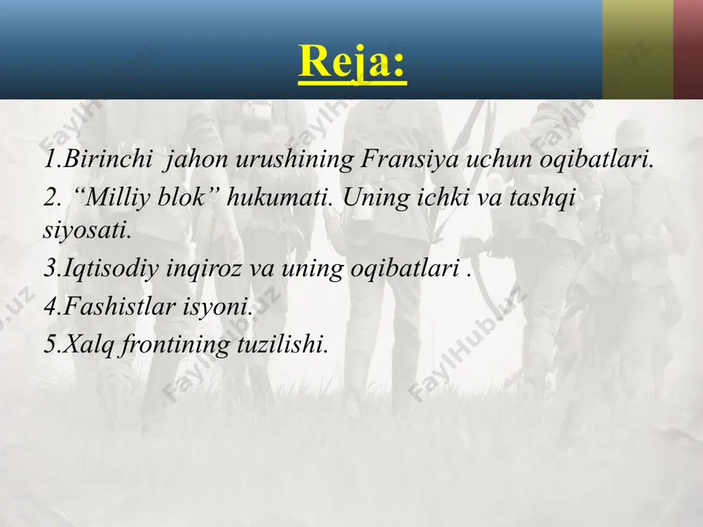 saylovgacha o'ng partiyalar «milliy blok» deb ataluvchi ittifoqqa birlashdi. blokni o'ta o'ng partiyalar — «milliy respublikachilik partiyasi», «respublikachi-demokratik partiya» — tuzgan edilar. radikallar va respublikachilar partiyalari ularga qo'shilgan. о’tа o'ng partiyalar siyosatiga qarshi pozitsiyada turadigan yirik siyosiy kuch fransiya sotsialistik partiyasi (fsp) edi . biroq uning safida ham birlik yo'q edi. 1920-yilning dekabr oyida fspda bo'linish yuz berdi. bo'linib chiqqan qism yangi siyosiy partiya — fransiya kommunistik partiyasini (fkp) tuzdi. ijtimoiy harakatda ana shunday bo'linishlar, shuningdek kasaba uyushmalarida hukumat bilan kelishishga intiluvchi tomon kuchli mavqega egaligi hukumatni mamlakatda tub ijtimoiy islohotlarni o’tkazishga majbur etish imkonini bermadi. «milliy blok» tashqi siyosatida fransiyaning yevropada yetakchi davlat bo'lib qolishi uchun qo'lidan kelgan barcha choralarni ko'rdi. chunonchi, u germaniyani mumkin qadar kuchsizlantirishga intildi. 1920—1921-yillarda fransiya ta'siri ostida chexoslovakiya — germaniya — yugoslaviya ittifoqi tuzildi. u tarixda «kichik antanta» nomi bilan ham ma'lum. bundan tashqari, 1921-yilda ham sovet rossiyasi, ham germaniyaga qarshi qaratilgan fransiya — …