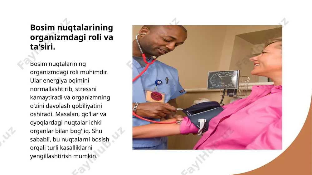ondashuvlar birlashib, bosim nuqtalaridan foydalanishni yanada samarali qiladi va sog'liqni mustahkamlaydi. 3 holistik salomatlik strategiyalari bosim nuqtalari orqali wellness strategiyalari, stressni kamaytirish va umumiy farovonlikni oshirishda muhim ahamiyatga ega, bu esa hayot sifatini yaxshilaydi. e'tiboringiz uchun rahmat! image1.jpeg image2.jpeg image3.jpeg