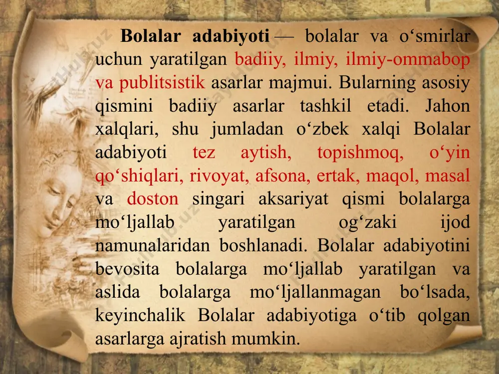 or", gulxaniyning "zarbulmasal" asarlari esa oʻzbek bolalar adabiyotining mumtoz namunalari boʻlib, pand-nasihat ruhidagi maqolat va hikoyatlari bilan asrlar mobaynida yosh avlodni yaxshi insoniy fazilatlar ruhida tarbiyalashga xizmat qilib kelmoqda. alisher navoiy o‘zining pedagogik qarashlarida bolaga yoshlikdan ta’lim va tarbiya berish, o‘g‘il - qizlarni 6 yoshdan muallimga berish lozimligini aytadi. turli fanlar va hunar egallashni maslahat beradi. u o‘zining “hamsa”, “maxbub ul-qulub”, “munojot”, “vaqfiya” va boshqa asarlarida ta’lim tarbiya masalalariga e’tibor berar ekan, tarbiya jarayonlarini, talablarni ko‘rsatadi. u ta’limda ilmiylikka asoslanganlik, tarixiylik, kabi talablarni asos qilib oladi. o‘z davrdagi musulmon maktablarini yutuq va kamchiliklarini tahlil etadi. u o‘qituvchi gapirar ekan, muallim o‘z shogirdlarini ham, o‘zi ta’lim berayotgan fanni sevgan bo‘lishi zarur deydi. o‘ziga ham, o‘qituvchiga ham talabchan bo‘lishni navoiy o’qituvchini jamiyatda obro’li va hurmatga loyiq inson bilib, shogirdlar hatto muallimini o‘z vatanidek juda hurmat qilishlarini, e’zozlashlarini uqtiradi. navoiyning haqiqiy insoniy-pok, mehnatsevar, sof vijdonli, insofli, to’g’ri, sahovatli, odobli, kamtar, hayoli, muruvvatli shaxs. …